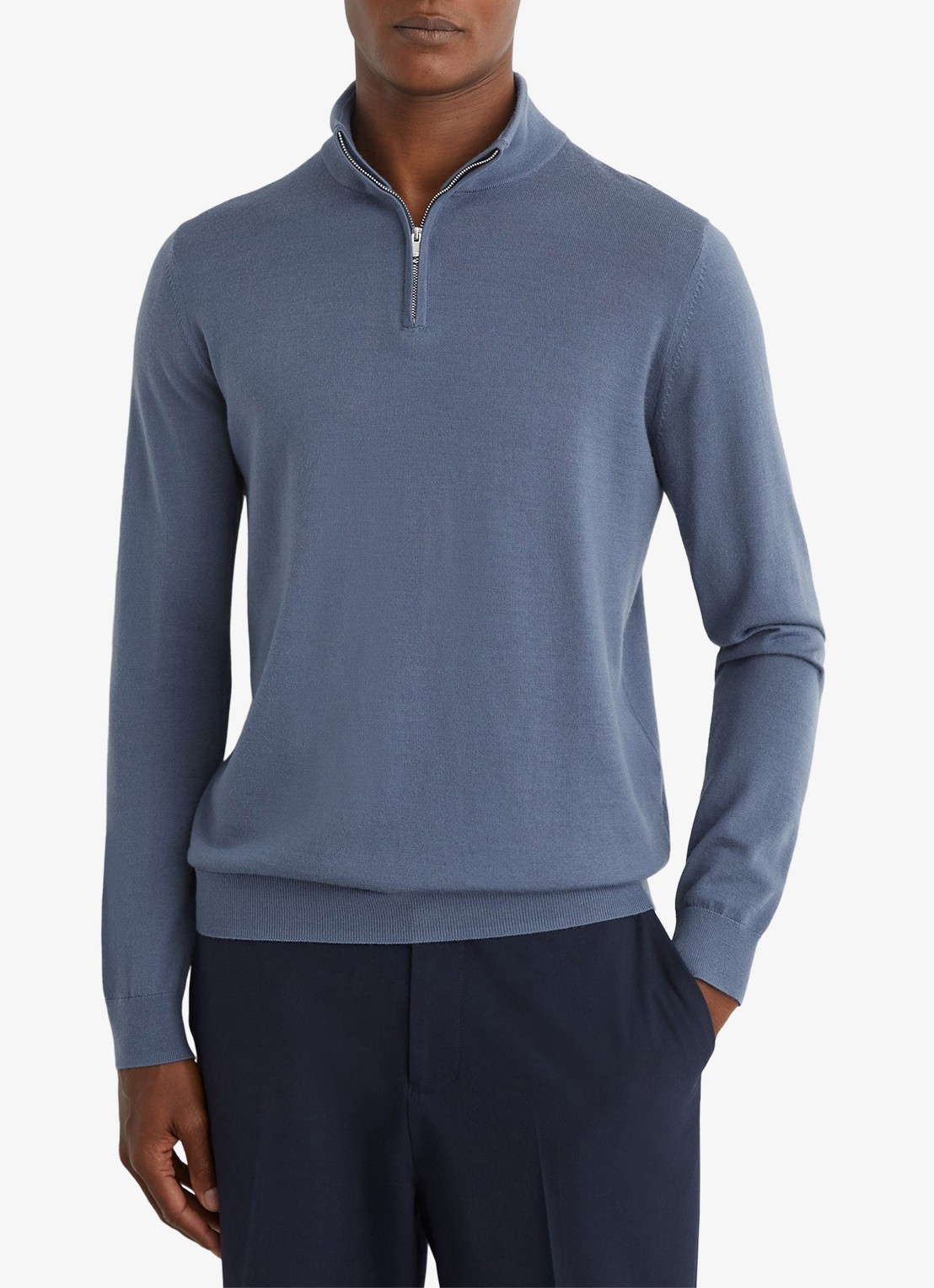 Reiss Blackhall pullover in merino wolblend met halve rits - detail staalblauw