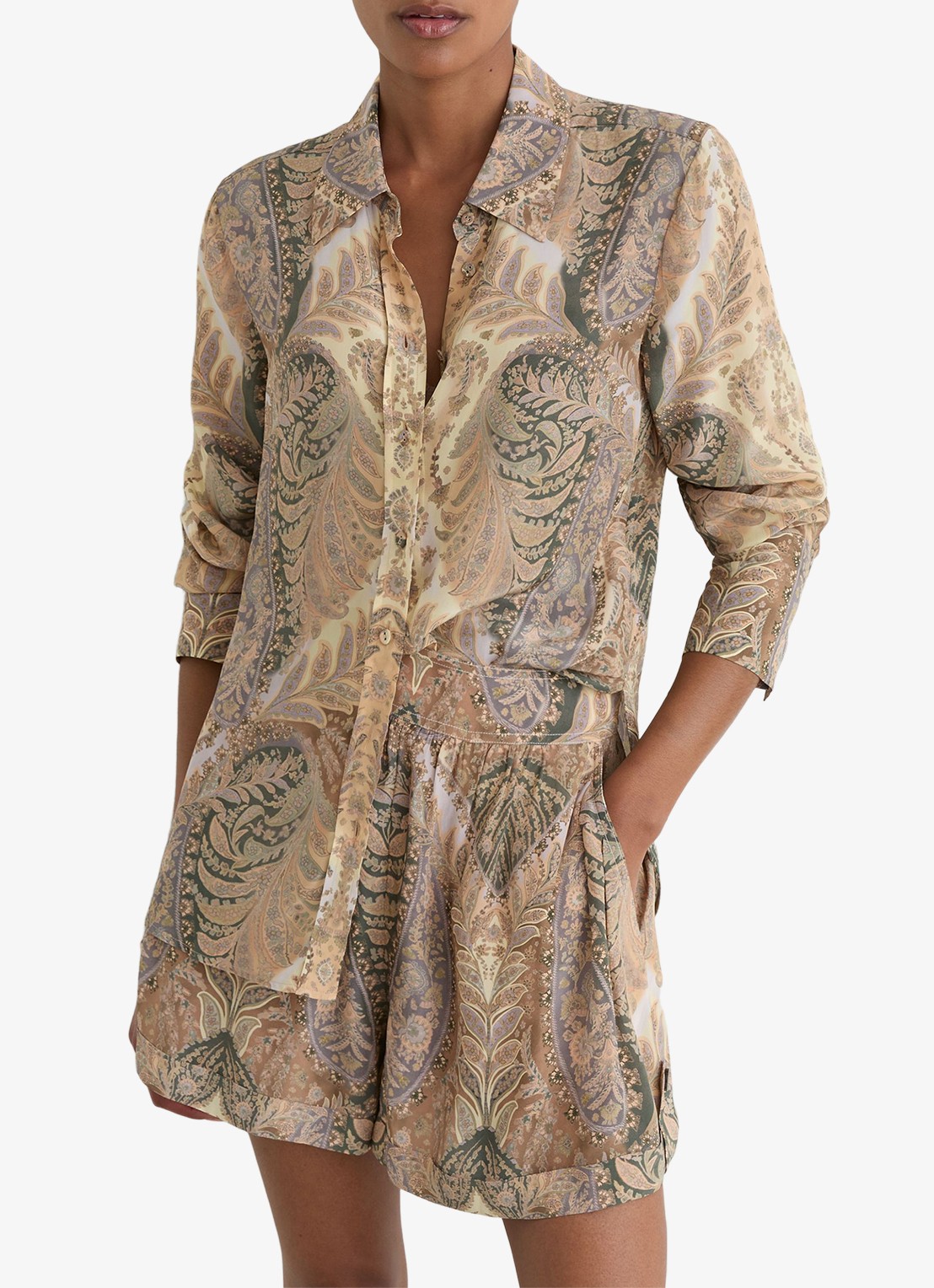 Reiss Blouse met jacquard dessin - detail zand