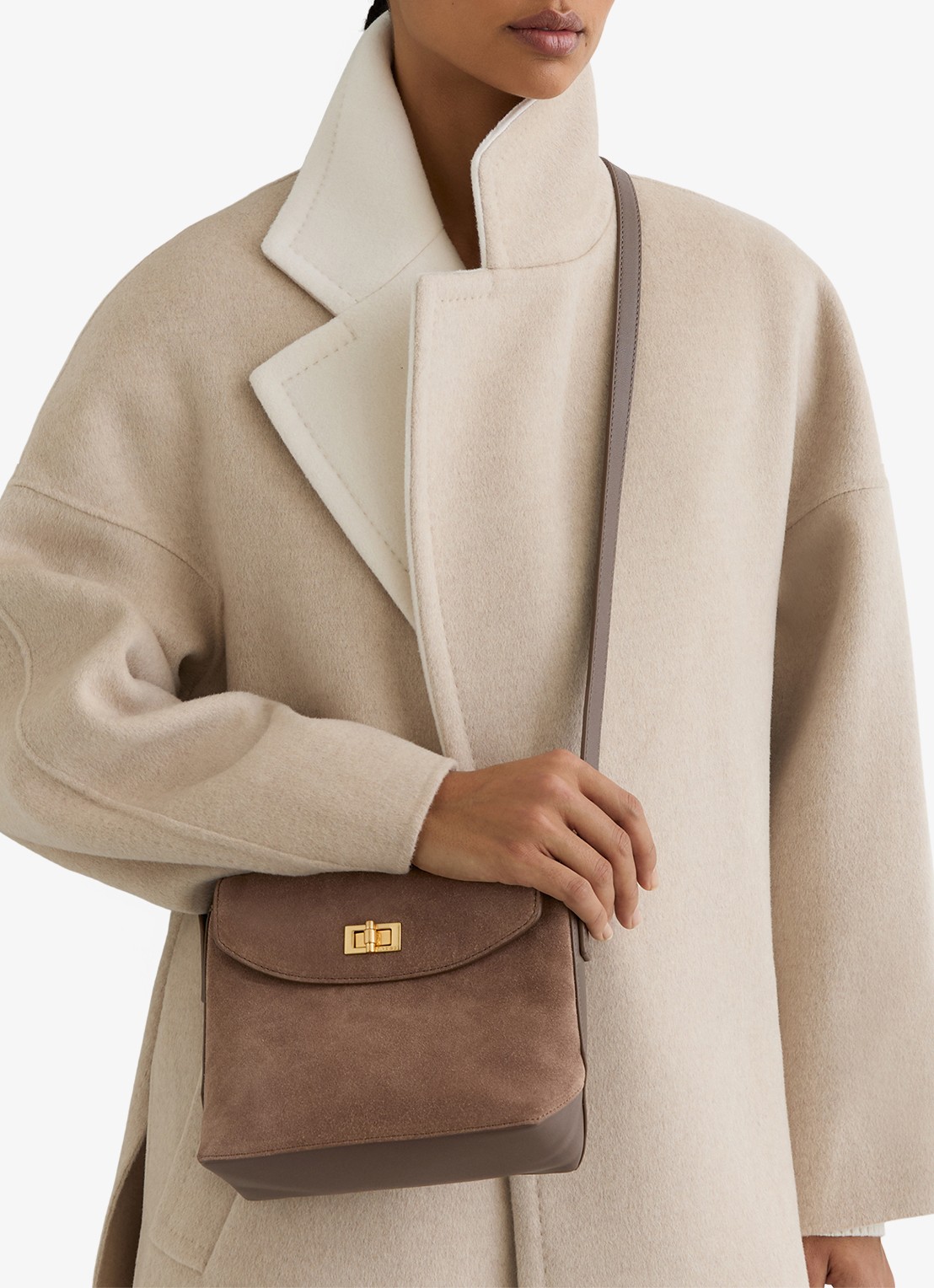 Reiss Brea crossbodytas van leer met suède details - voorkant 5 donkerbruin