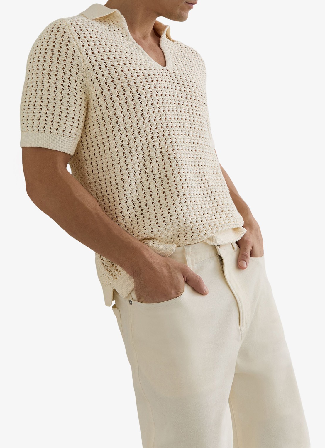 Reiss Bronwyn regular fit polo met opengewerkt dessin - detail 3 white / wit