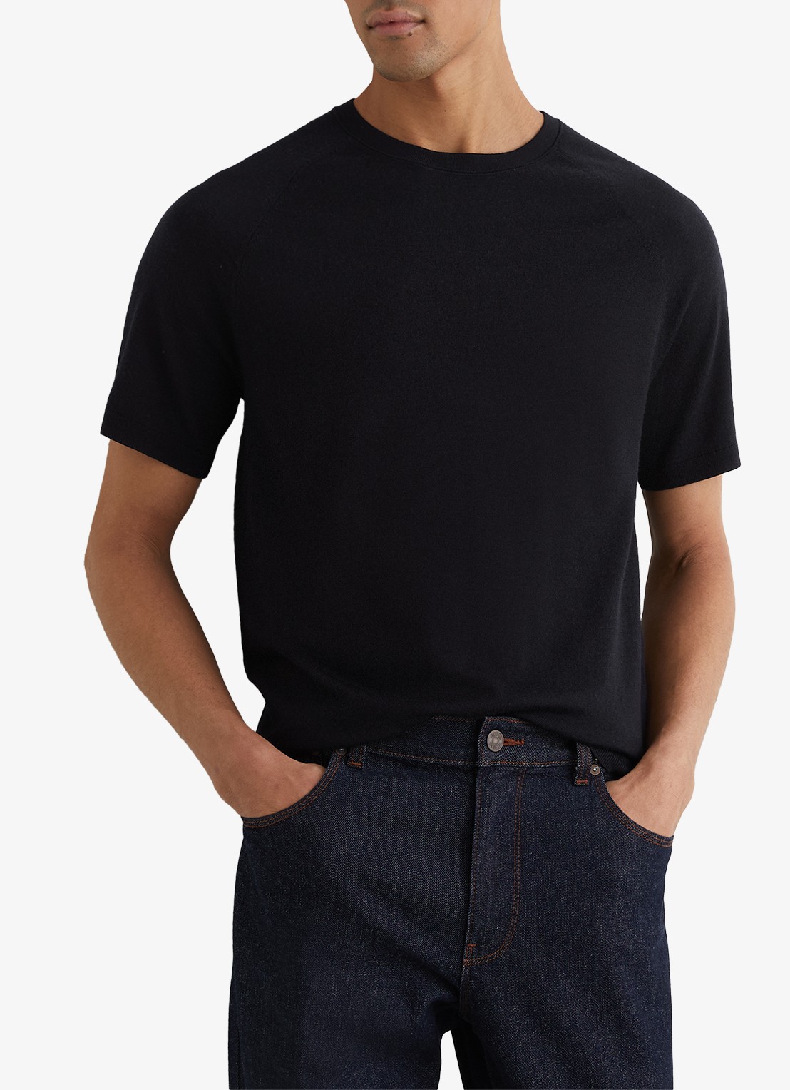 Reiss Brook T-shirt van merino wol met ronde hals - detail 3 navy / blauw