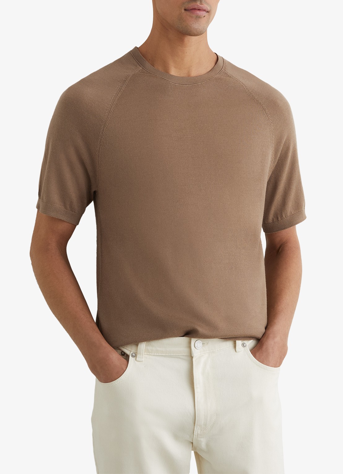 Reiss Brook T-shirt van merino wol met ronde hals - detail bruin