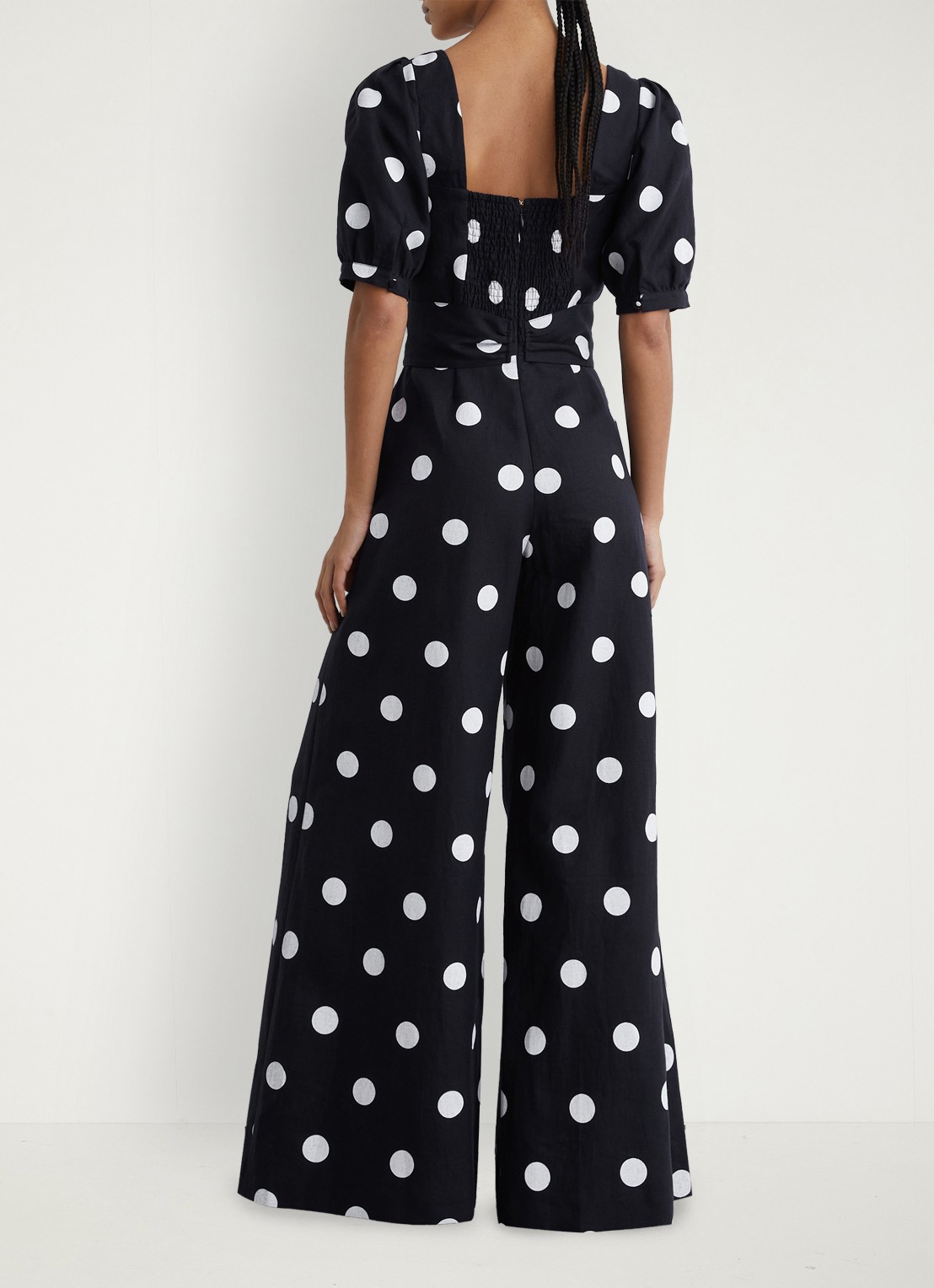 Reiss Brook wide fit jumpsuit van linnen met stippenprint - achterkant donkerblauw