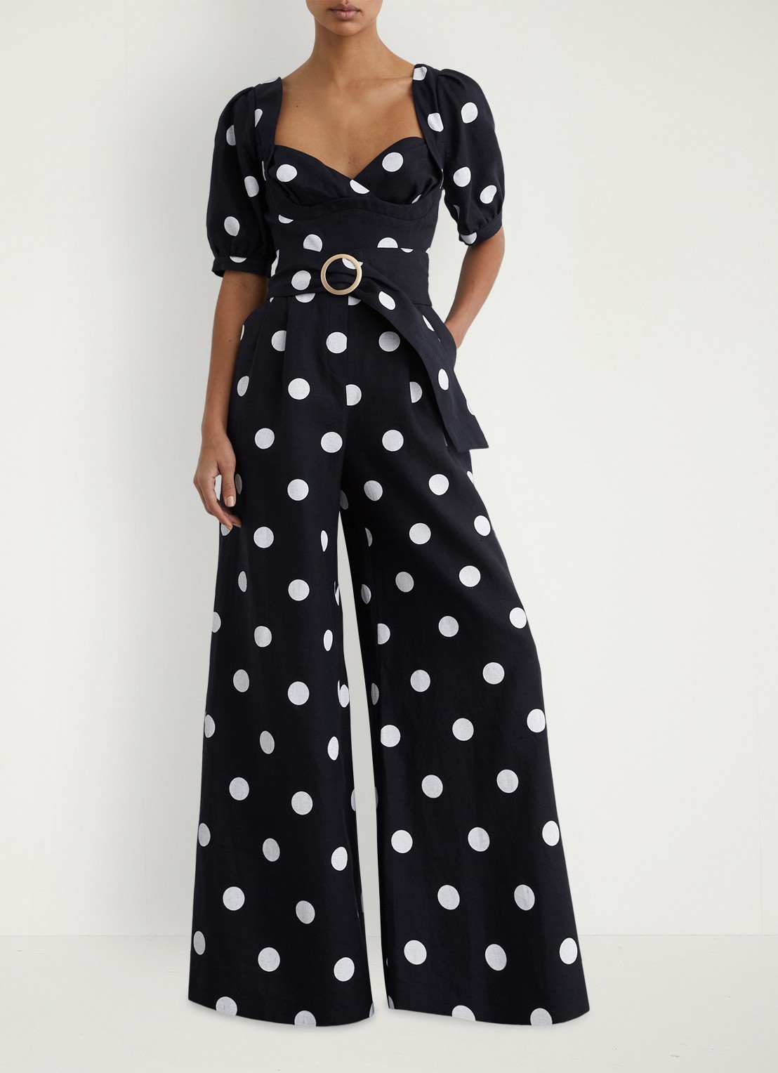 Reiss Brook wide fit jumpsuit van linnen met stippenprint - voorkant 6 donkerblauw