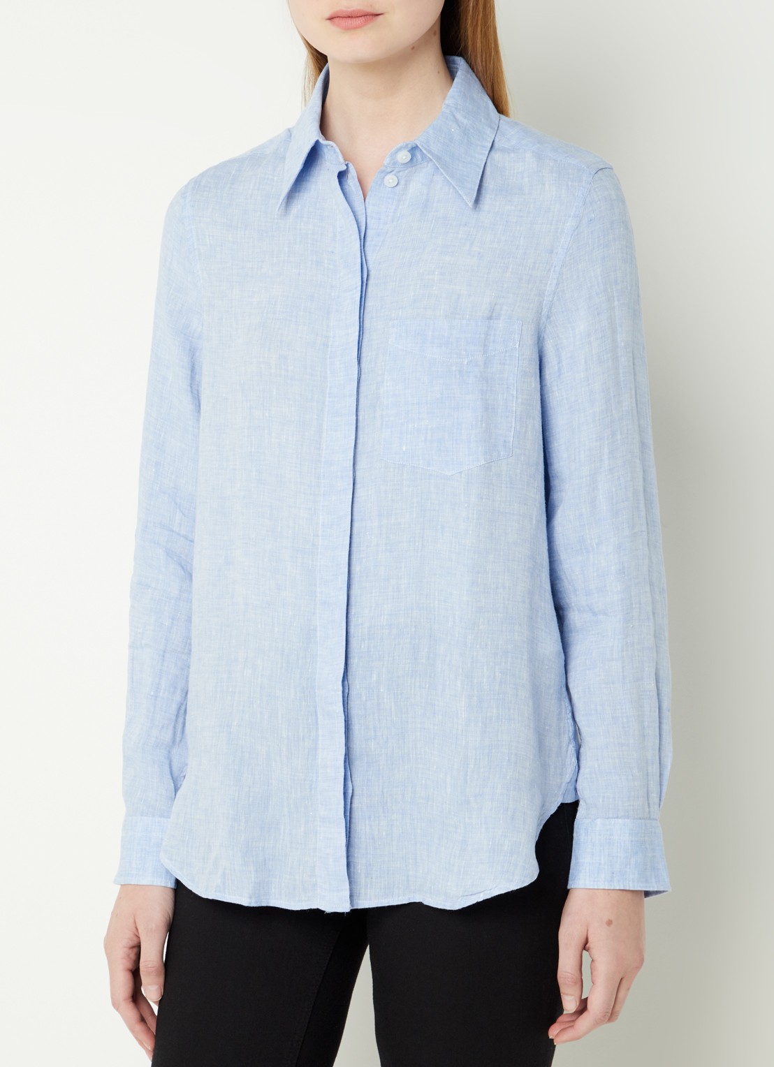 Reiss Campbell blouse van linnen met borstzak en gemêleerd dessin - detail 2 lichtblauw
