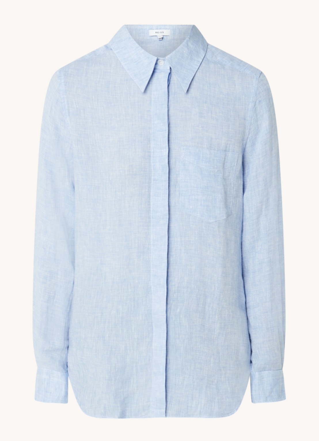 Reiss Campbell blouse van linnen met borstzak en gemêleerd dessin - voorkant 3 lichtblauw