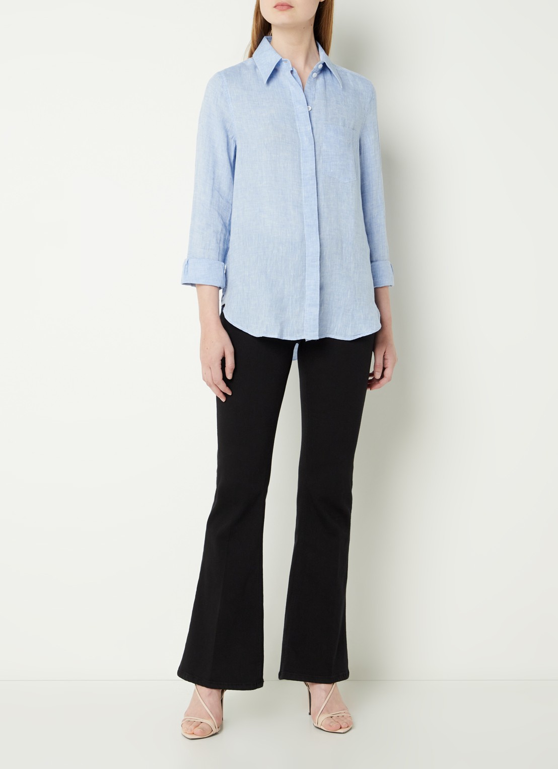 Reiss Campbell blouse van linnen met borstzak en gemêleerd dessin - voorkant 4 lichtblauw