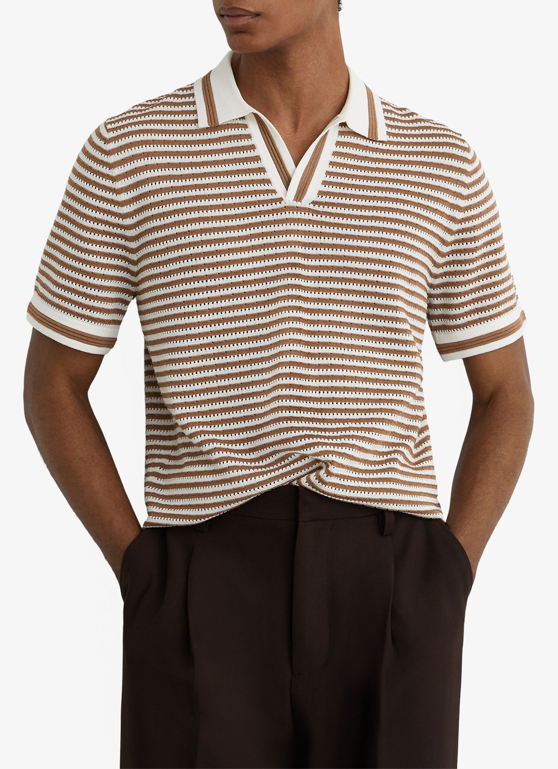 Reiss Carlford regular fit polo in linnenblend met streepprint - detail 4 camel