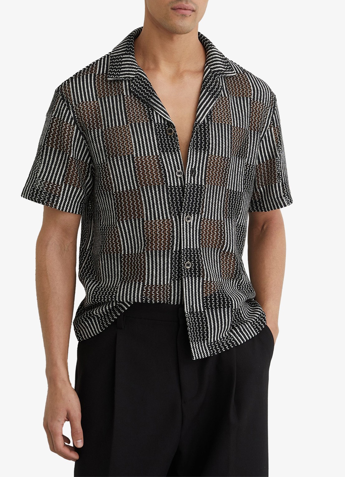 Reiss CARLOS Checkerboard Crochet Cuban Collar Shirt - detail 3 black / zwart