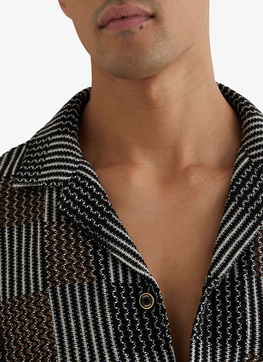 Reiss CARLOS Checkerboard Crochet Cuban Collar Shirt - detail 6 black / zwart