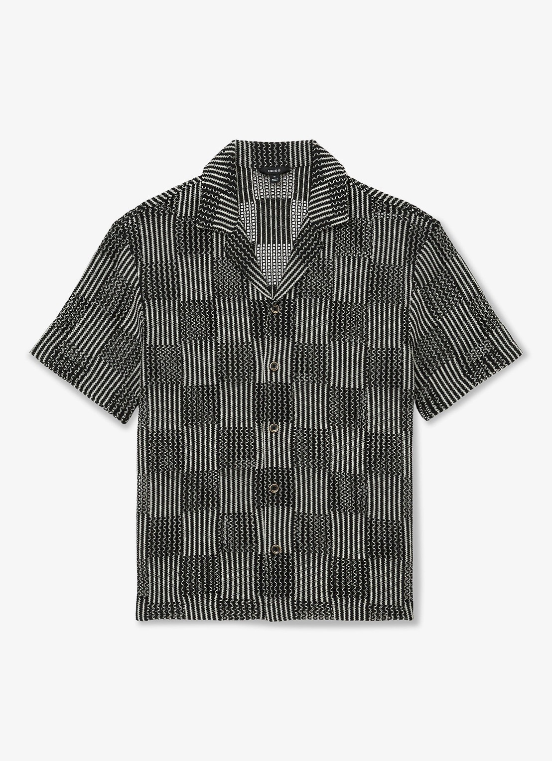 Reiss CARLOS Checkerboard Crochet Cuban Collar Shirt - voorkant 8 black / zwart