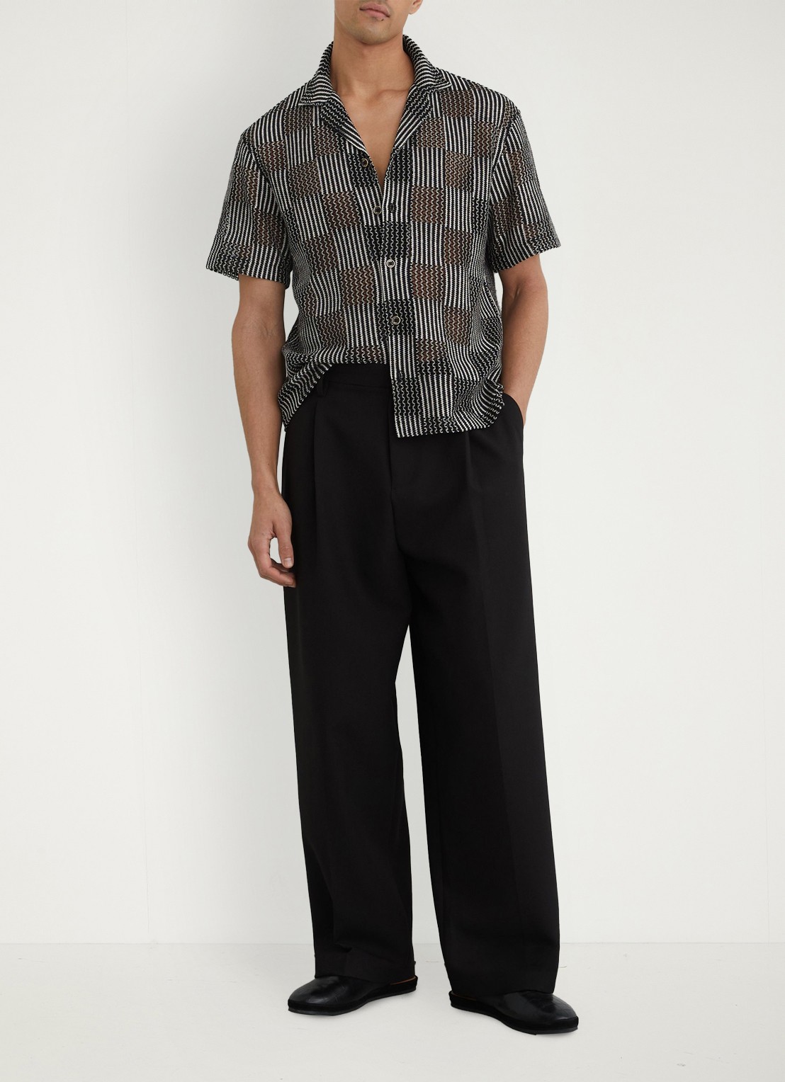 Reiss CARLOS Checkerboard Crochet Cuban Collar Shirt - voorkant 9 black / zwart