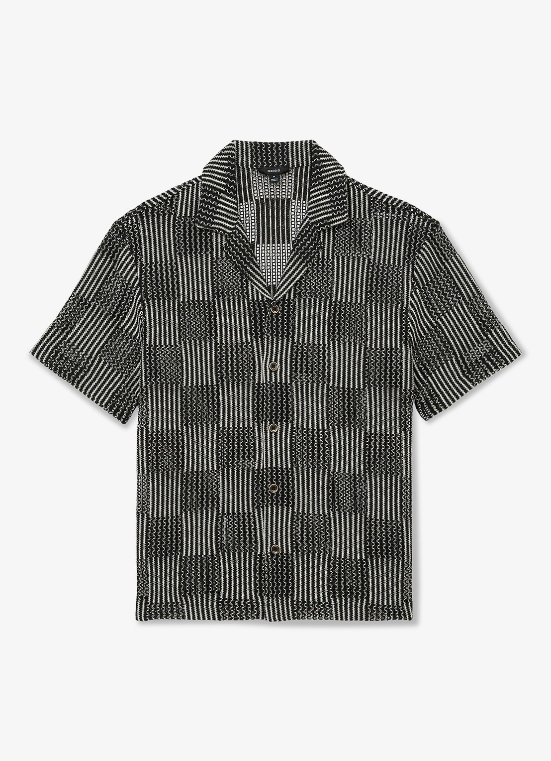 Reiss CARLOS Checkerboard Crochet Cuban Collar Shirt - voorkant 10 black / zwart