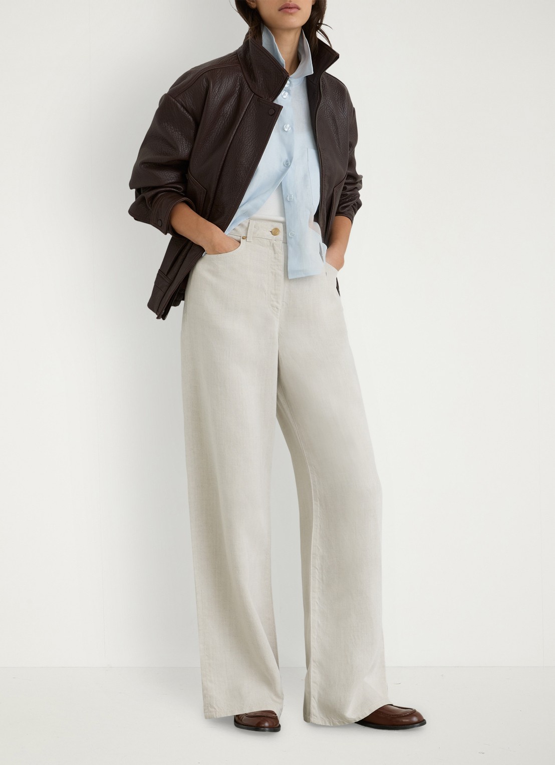 Reiss Carmen high waist wide fit broek in linnenblend - voorkant 5 creme
