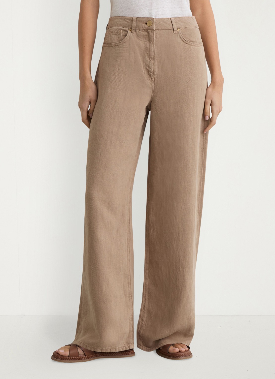 Reiss Carmen high waist wide fit broek in linnenblend - detail 2 beige