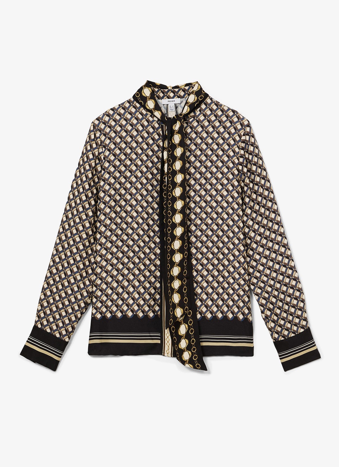 Reiss Carmine blouse met sjaalkraag met print - voorkant 2 donkerblauw