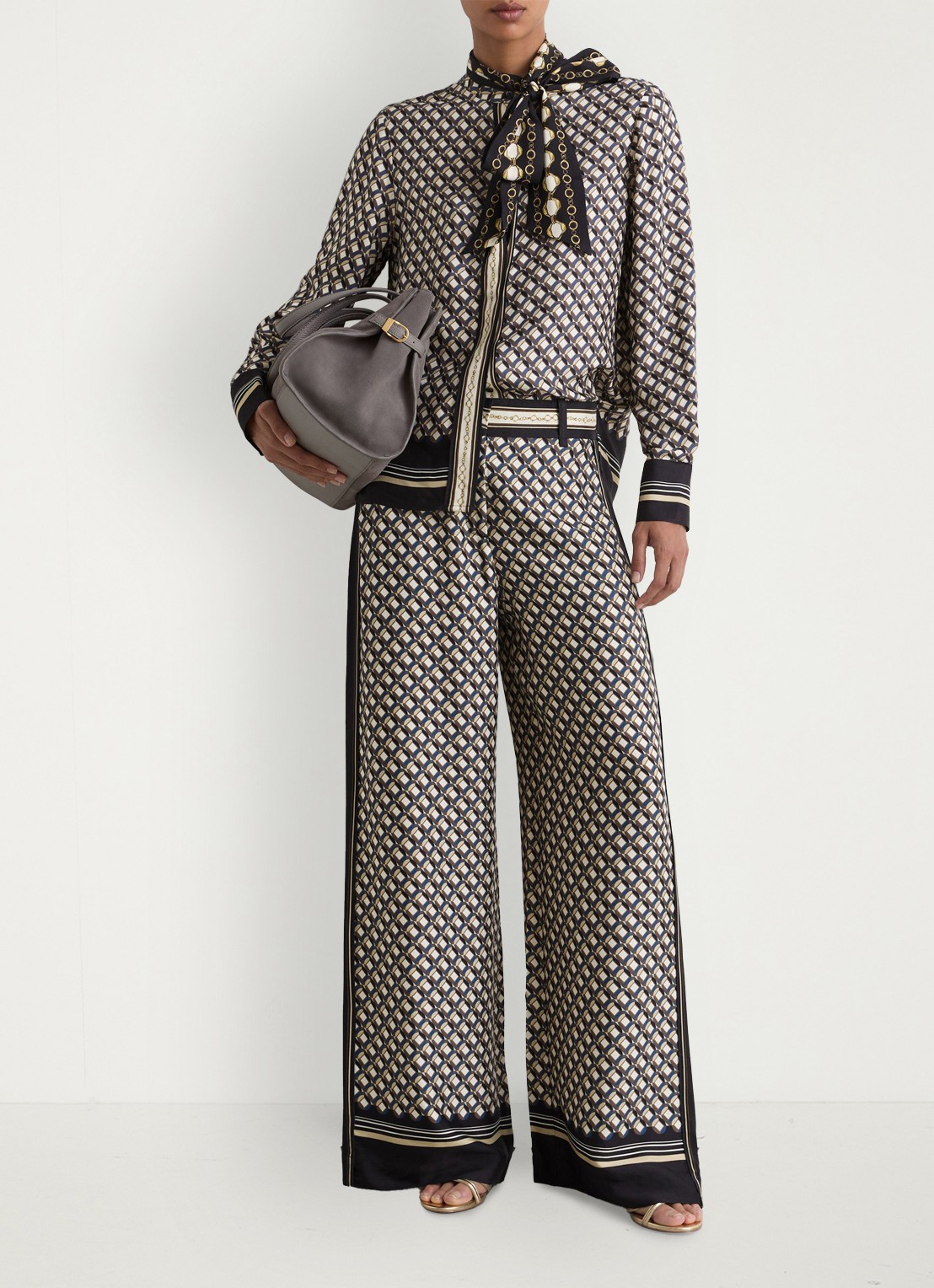 Reiss Carmine high waist wide fit pantalon met print - voorkant 2 donkerblauw
