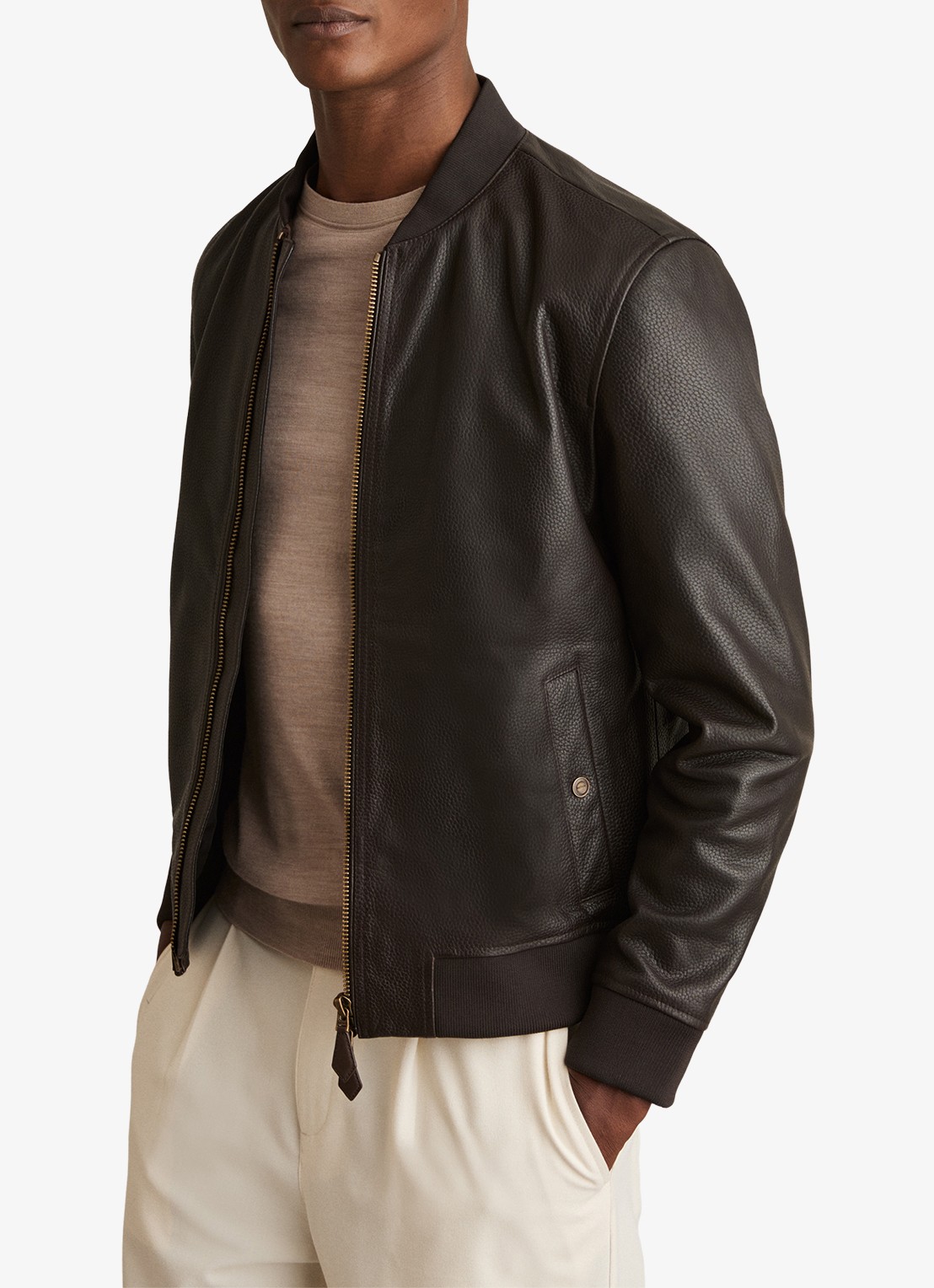 Reiss Cast bomberjack van leer - detail 4 bruin