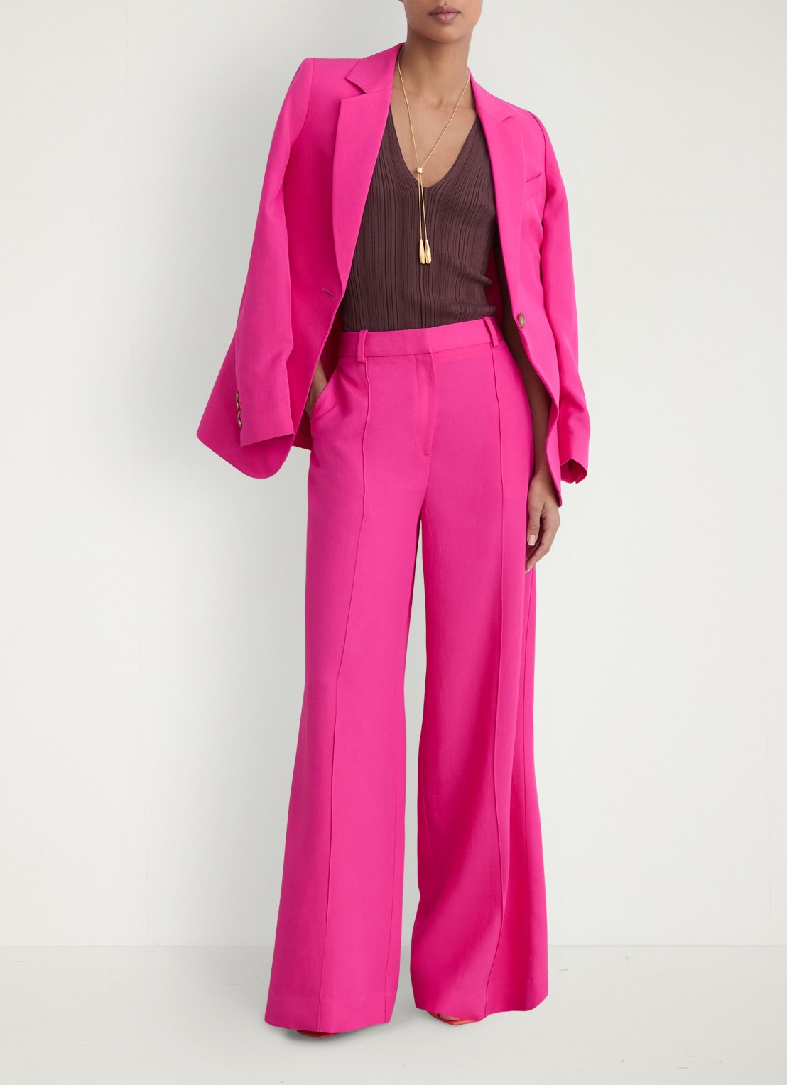 Reiss Charli high waist wide fit pantalon in linnenblend - voorkant 7 oudroze