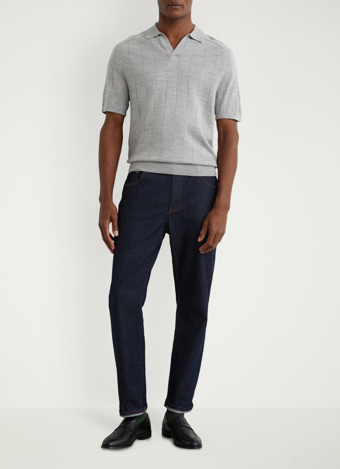 Reiss Chelmsford ribgebreide polo van wol  - voorkant 5 lichtgrijs