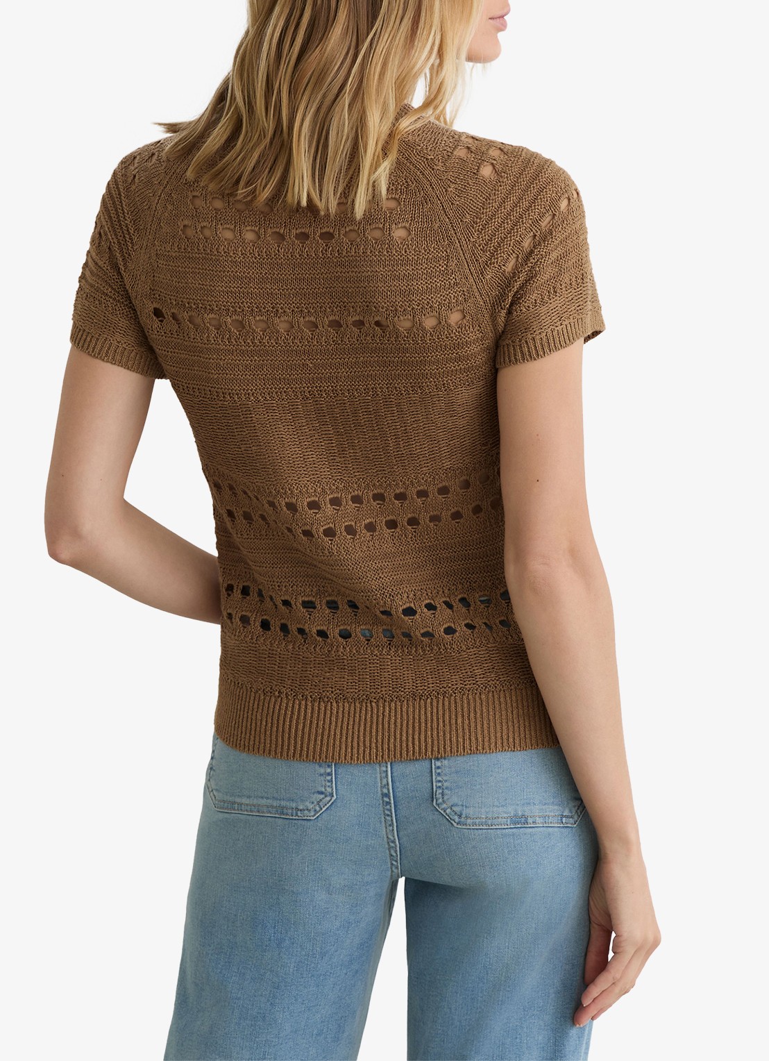 Reiss Chloe fijngebreide top van linnen met opengewerkt dessin - achterkant beige
