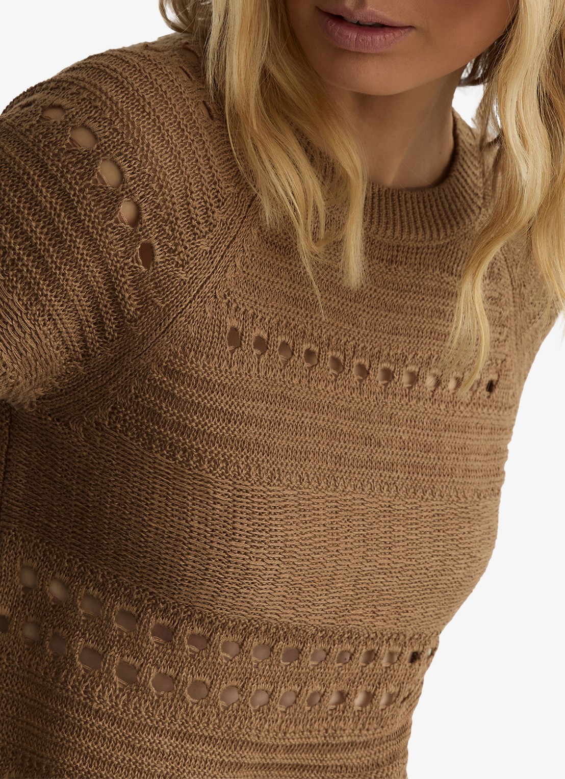 Reiss Chloe fijngebreide top van linnen met opengewerkt dessin - detail 5 beige