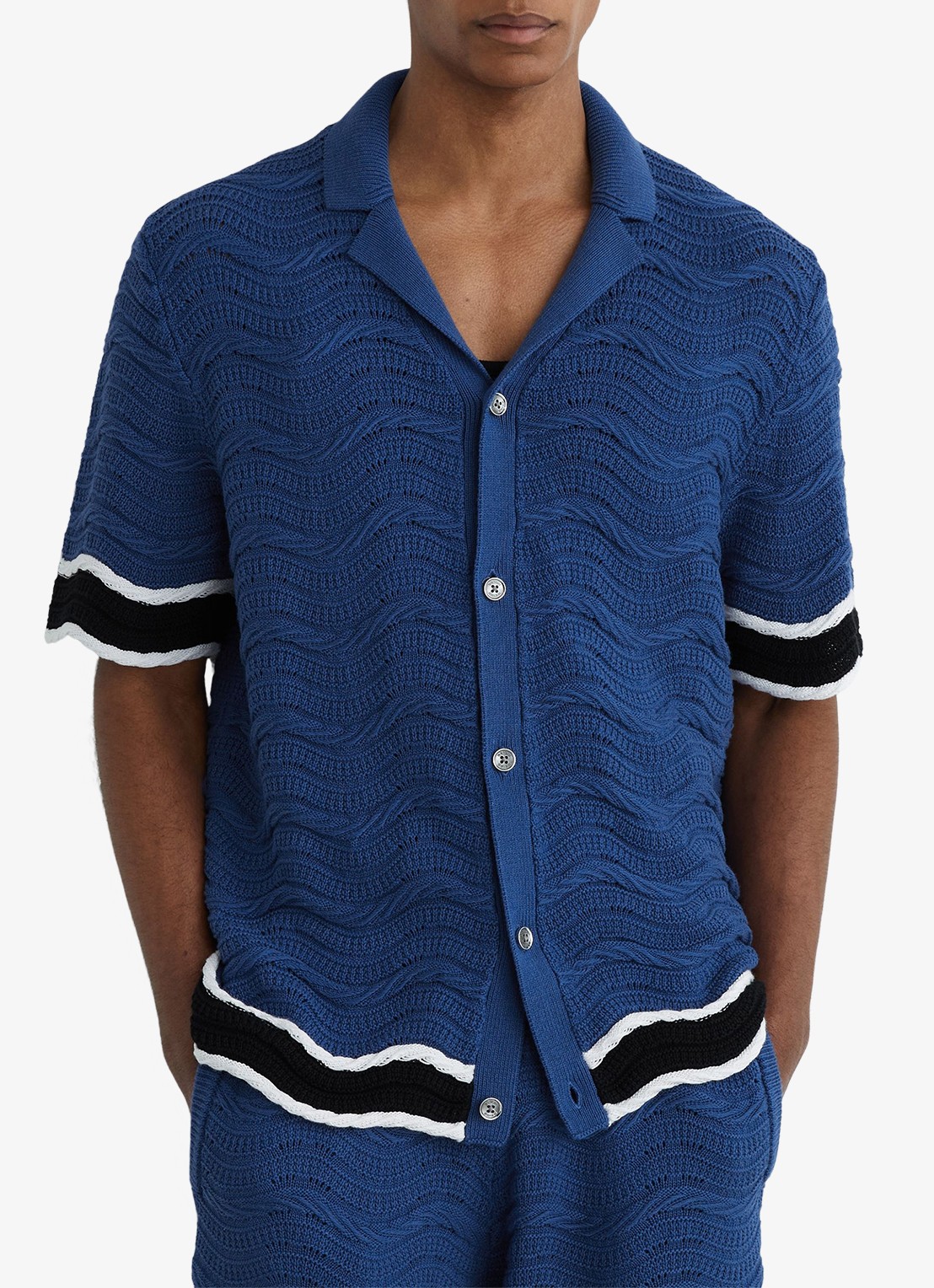 Reiss CIRO Cotton-Blend Wave-Knit Tipped Shirt - detail 3 donkerblauw