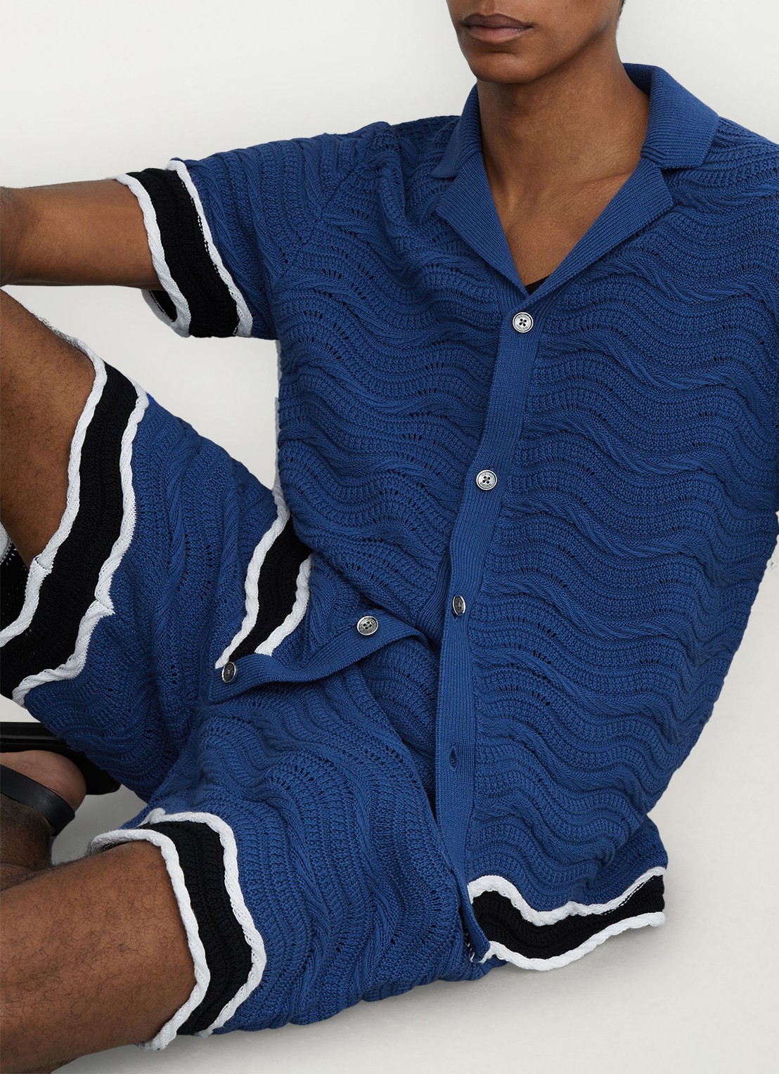 Reiss CIRO Cotton-Blend Wave-Knit Tipped Shirt - detail 4 donkerblauw