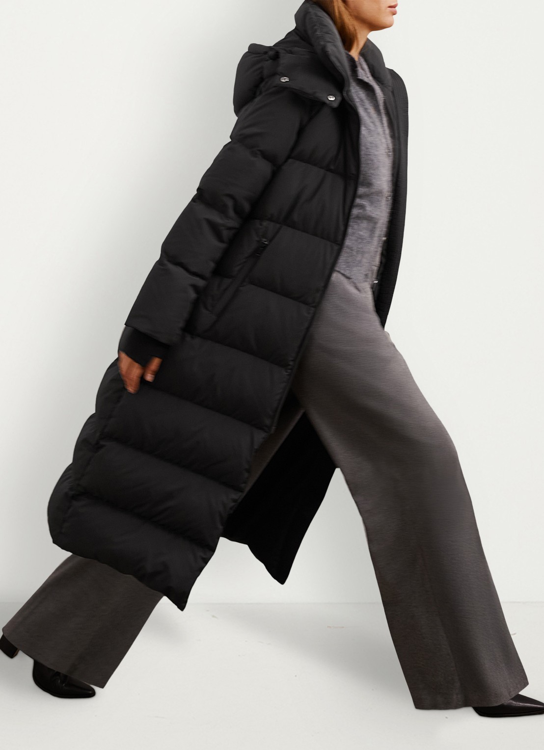Reiss Colette longline puffer jas met ceintuur en capuchon - detail 2 black / zwart