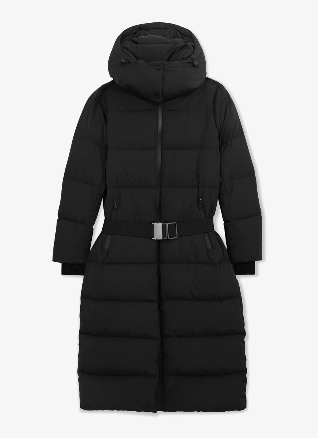 Reiss Colette longline puffer jas met ceintuur en capuchon - voorkant black / zwart