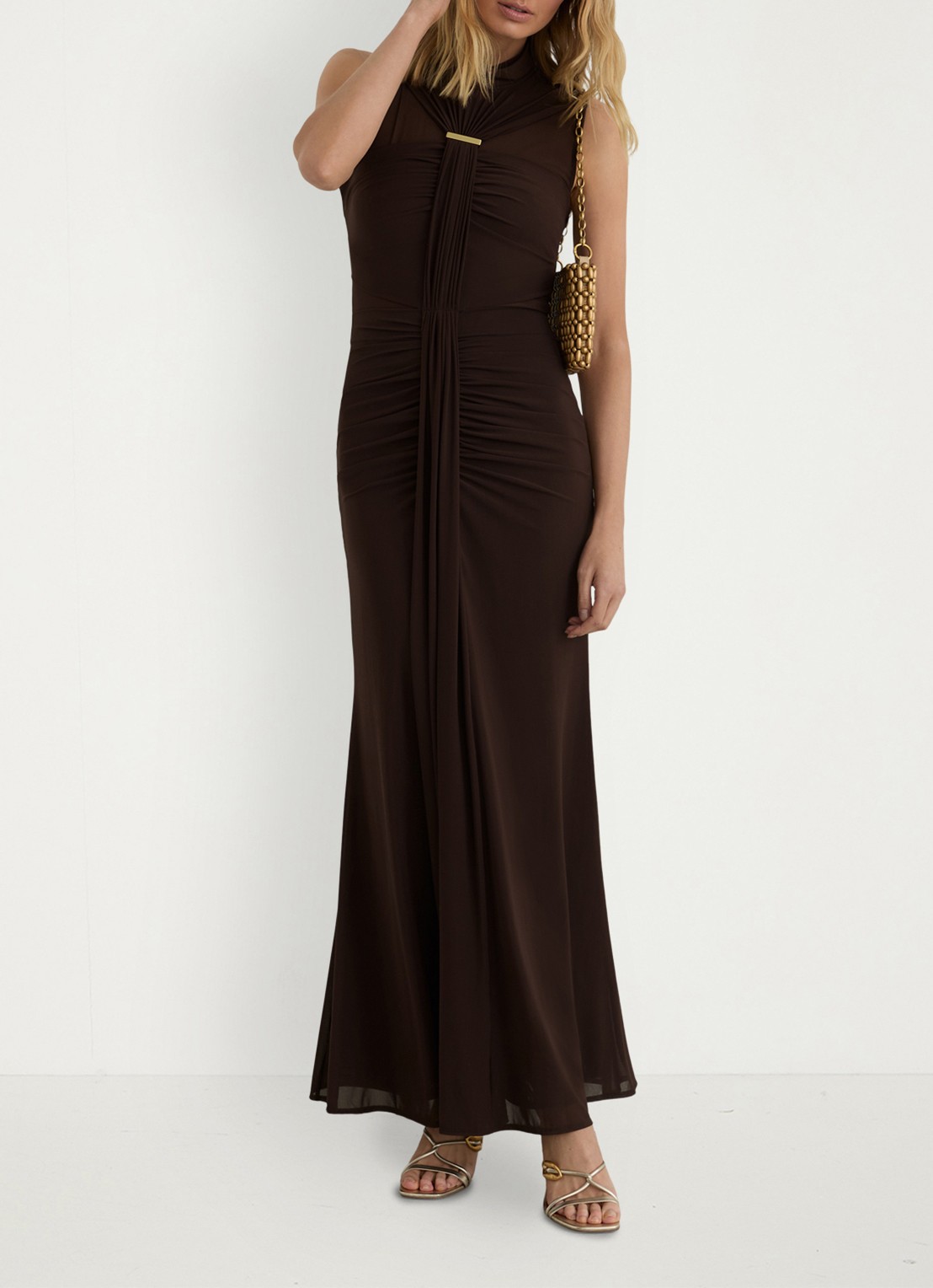 Reiss Colette maxi jurk met ruches - detail 5 chocoladebruin