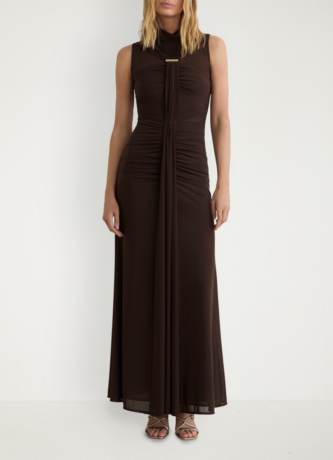 Reiss Colette maxi jurk met ruches - voorkant 3 chocoladebruin