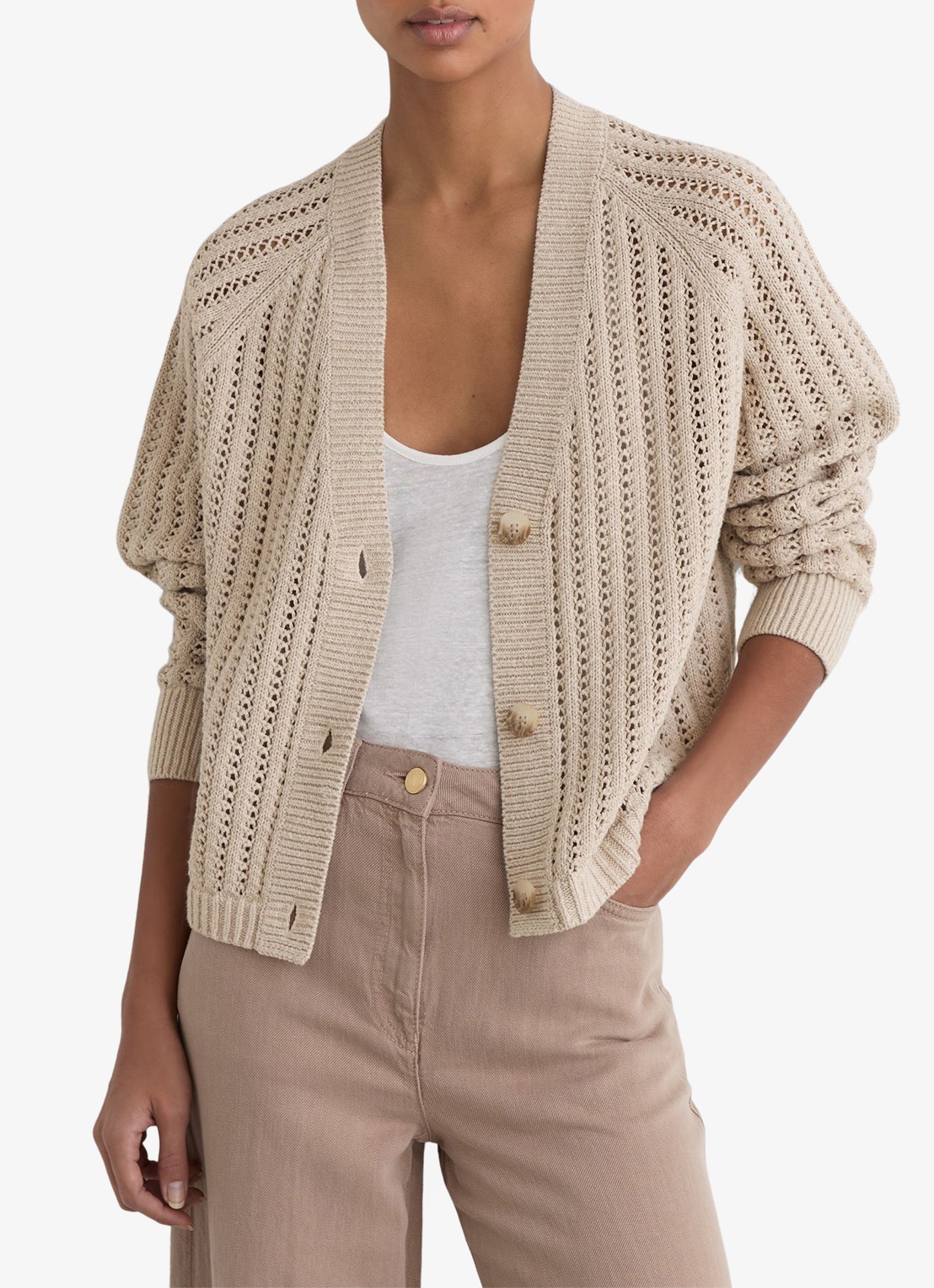 Reiss Constance opengebreid vest in linnenblend - detail 3 neutral / beige