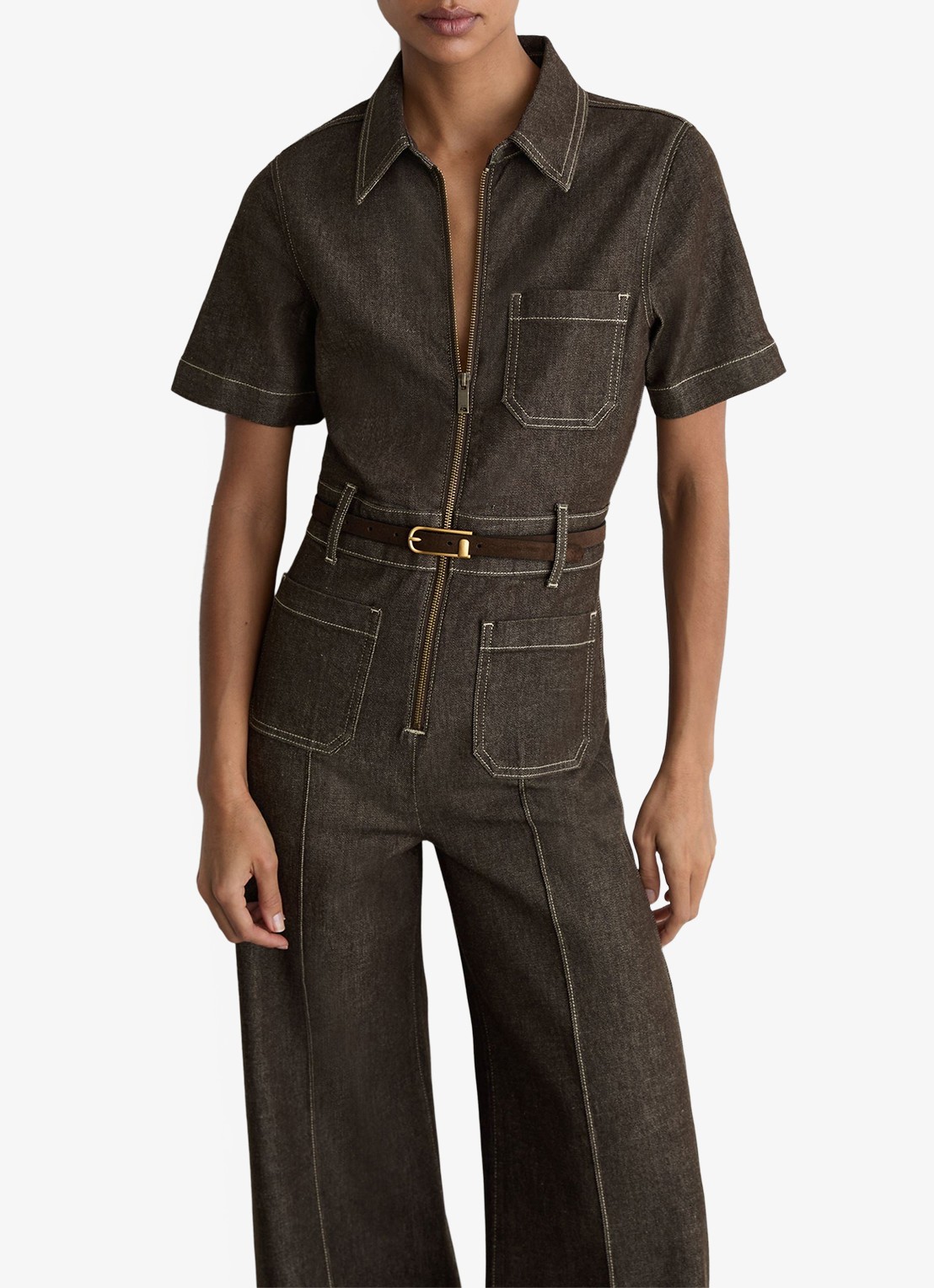 Reiss Danie wide fit jumpsuit van denim - detail 5 chocoladebruin