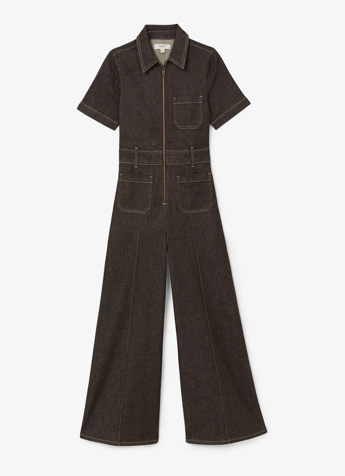 Reiss Danie wide fit jumpsuit van denim - voorkant chocoladebruin