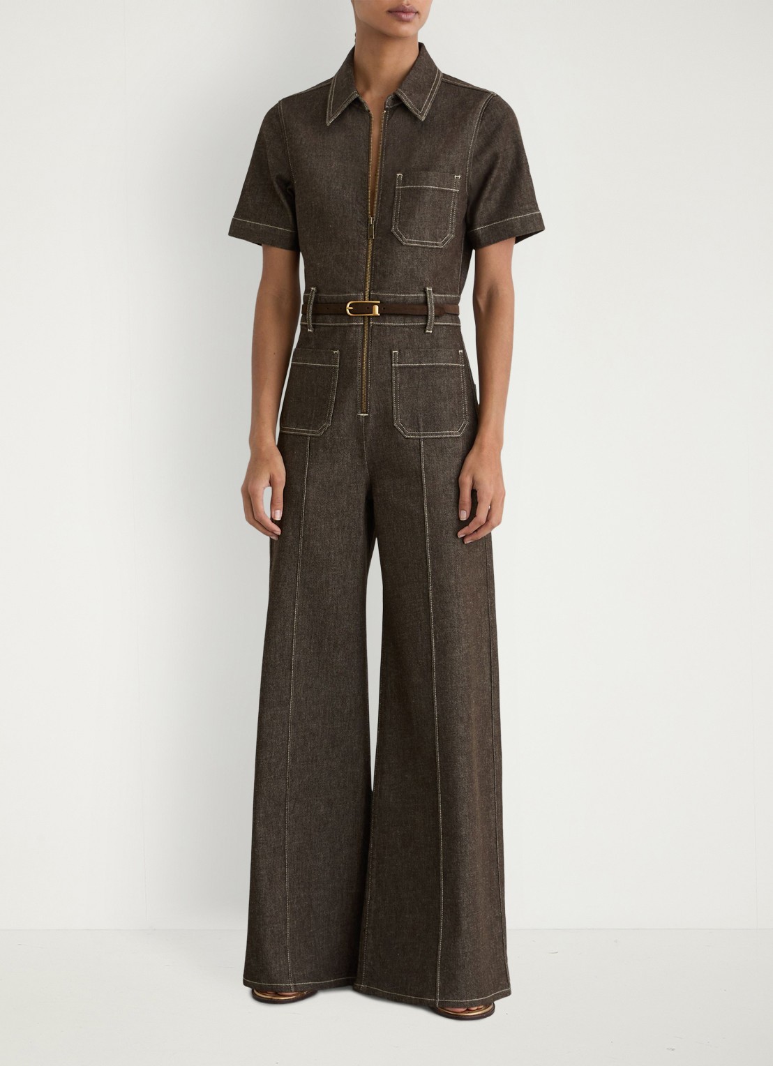 Reiss Danie wide fit jumpsuit van denim - voorkant 2 chocoladebruin
