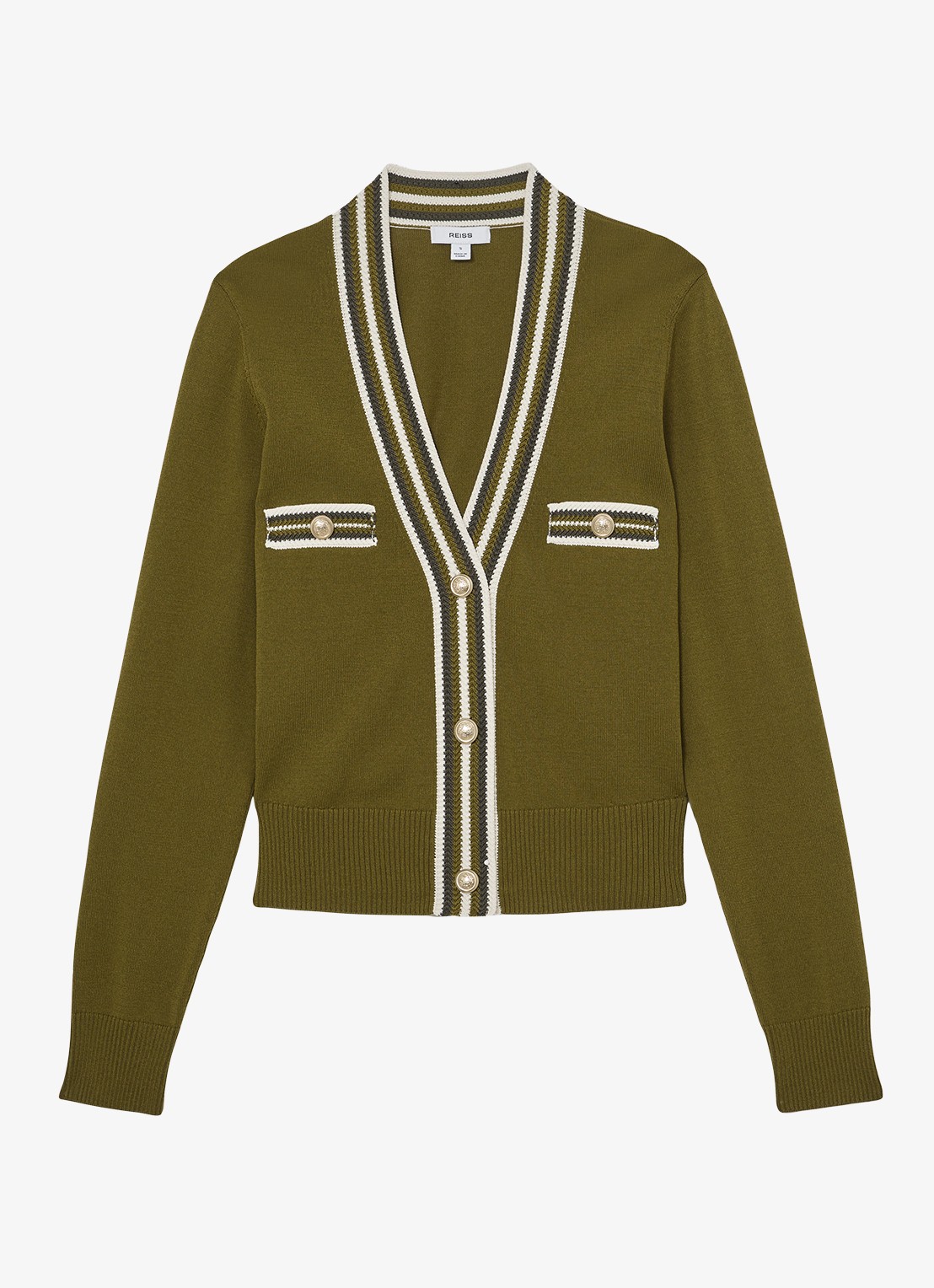 Reiss Danni fijngebreid vest met knoop detail - voorkant 2 bronsgroen