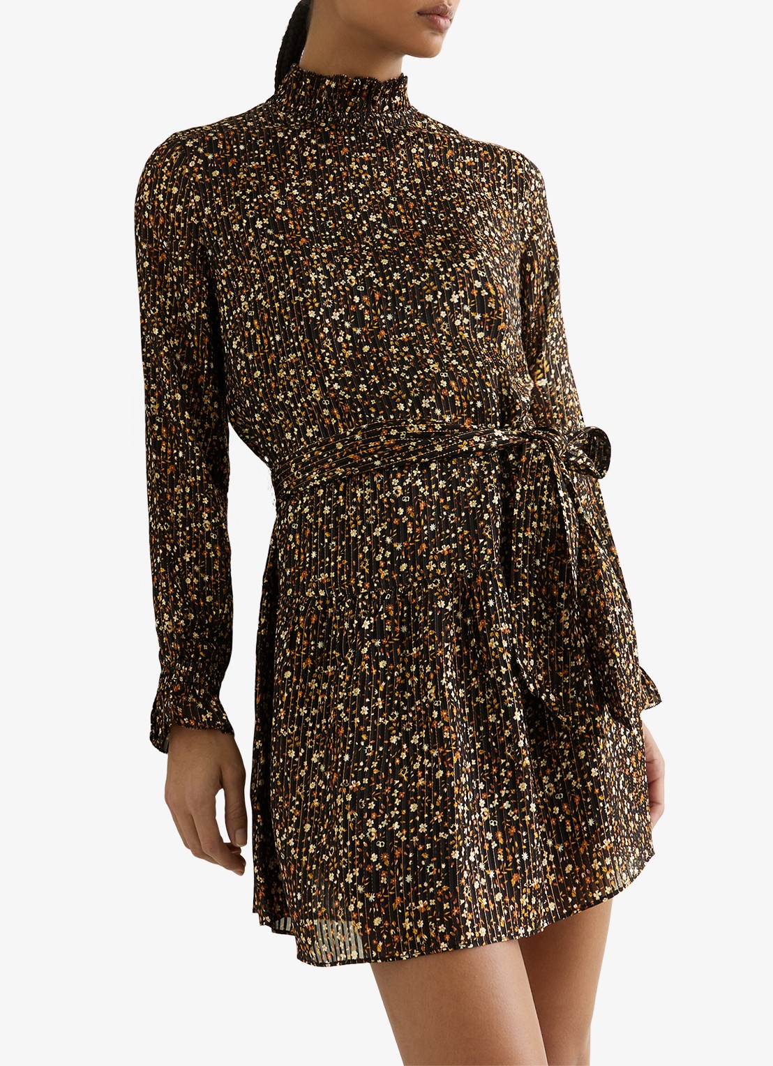 Reiss Darci mini jurk met bloemenprint en strikceintuur  - detail zwart