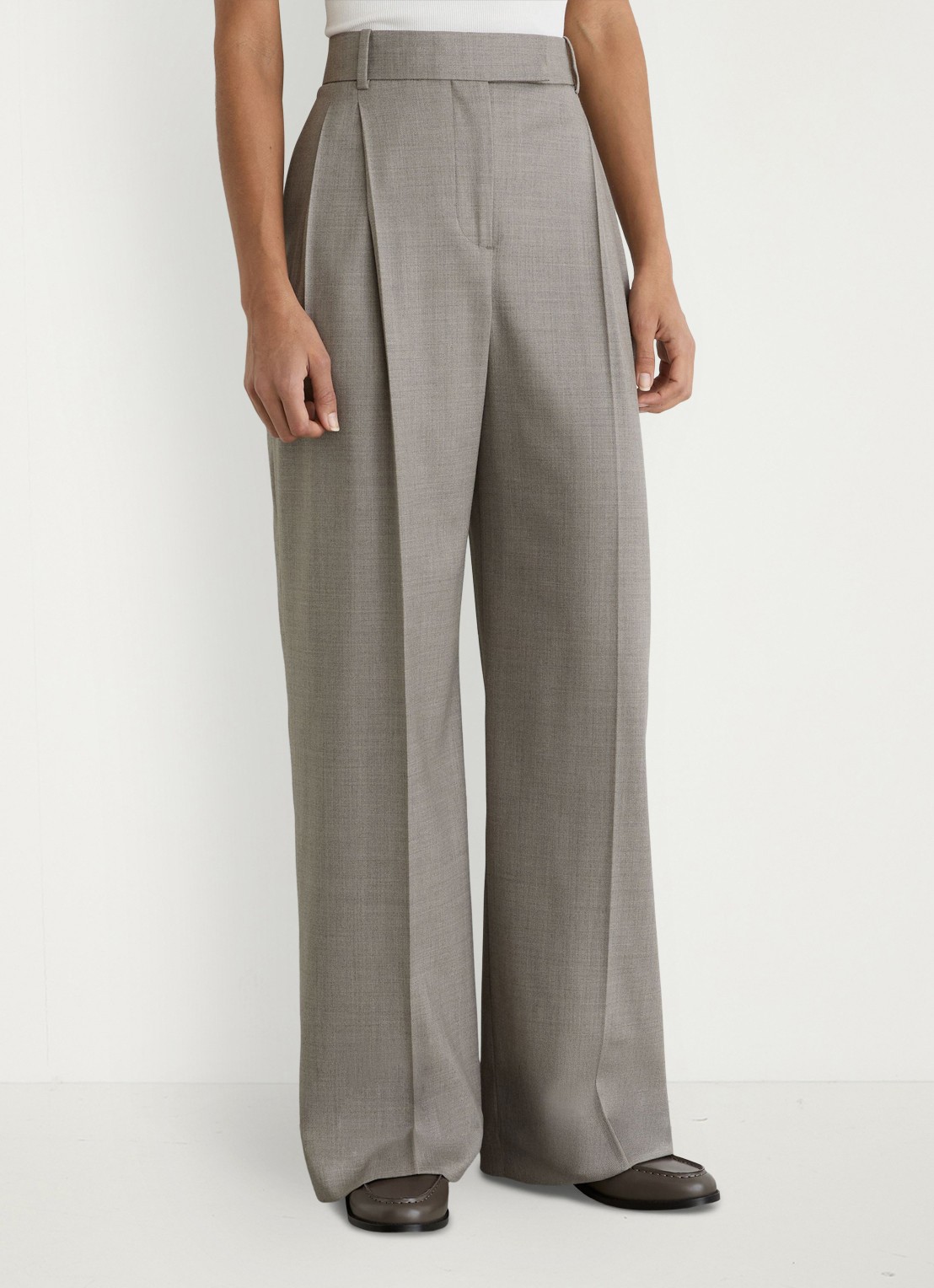 Reiss Darcy high waist wide fit pantalon in wolblend - detail donkerbeige