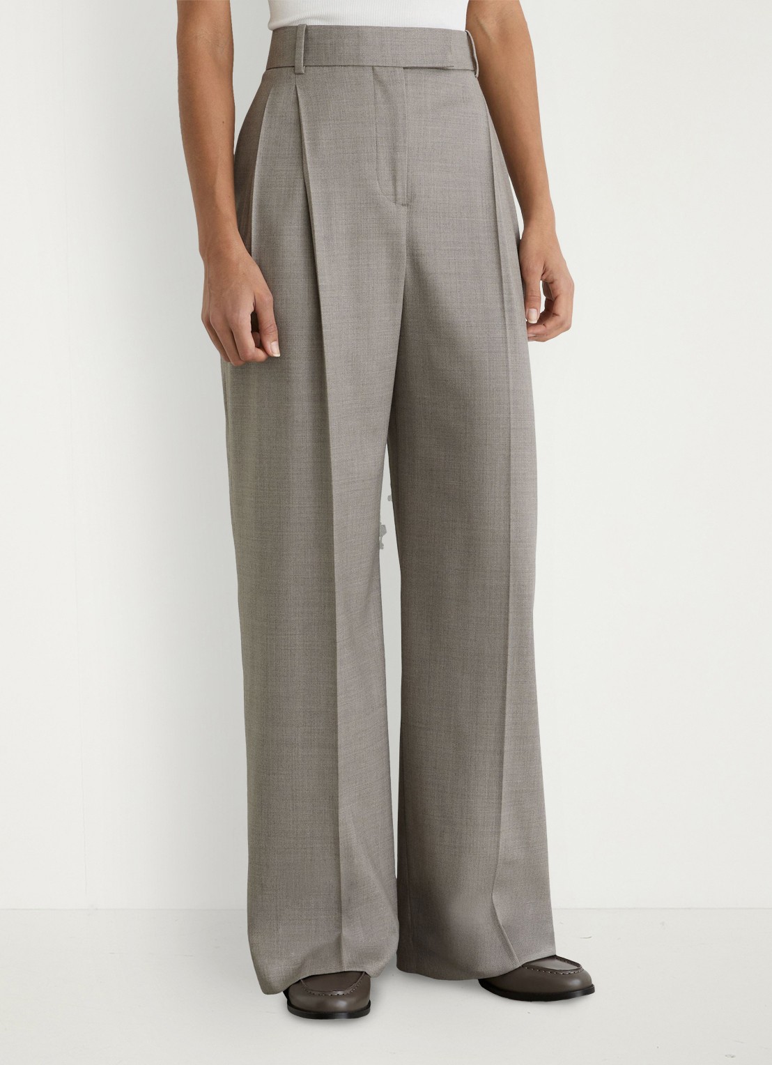 Reiss Darcy high waist wide leg pantalon in wolblend - detail lichtgrijs
