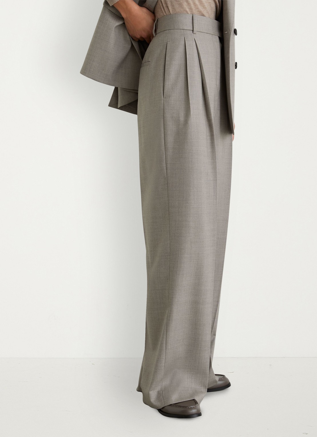 Reiss Darcy high waist wide leg pantalon in wolblend - detail 2 lichtgrijs