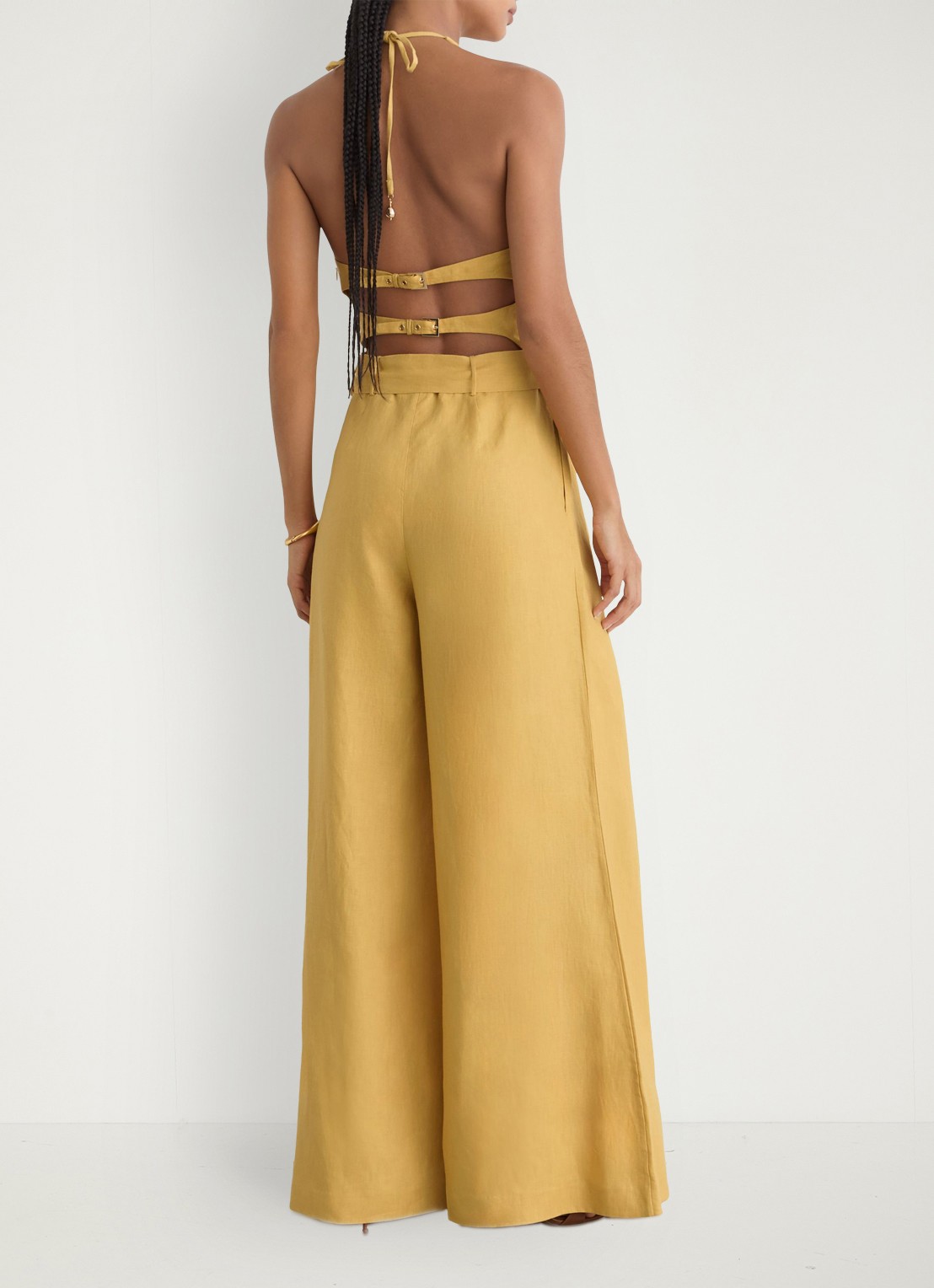 Reiss Della wide fit jumpsuit van linnen met strikceintuur - achterkant 7 geel