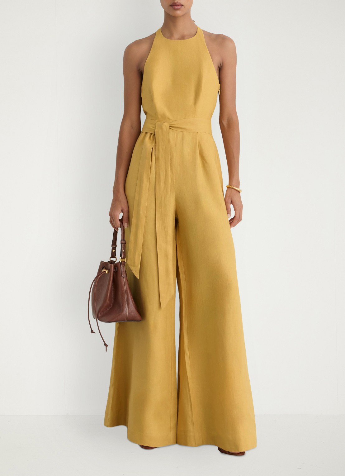 Reiss Della wide fit jumpsuit van linnen met strikceintuur - detail 3 geel