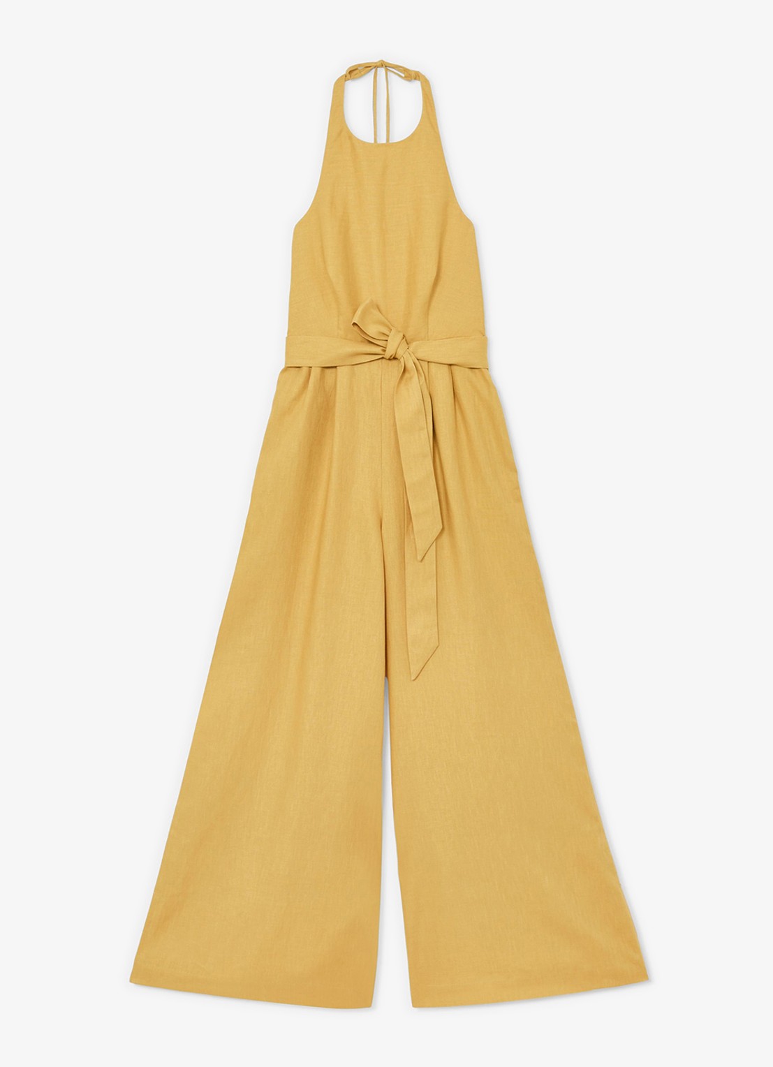 Reiss Della wide fit jumpsuit van linnen met strikceintuur - voorkant geel