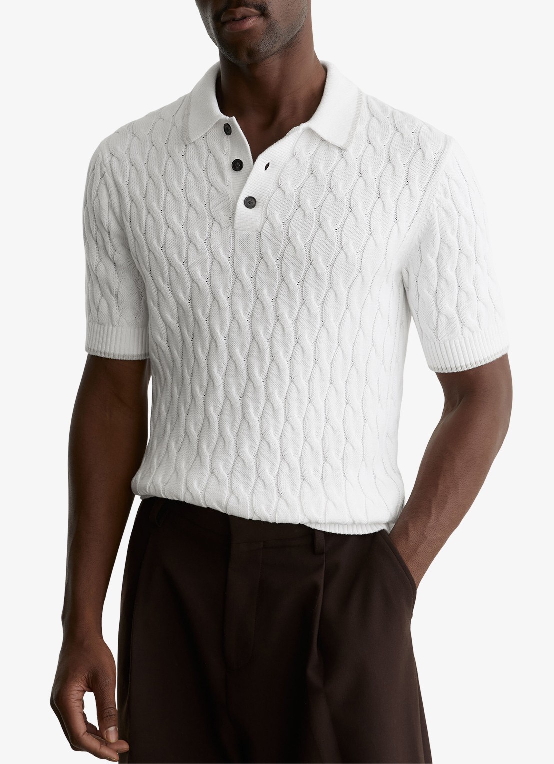Reiss DENBY Cotton Cable-Knit Polo Shirt - detail 5 wit