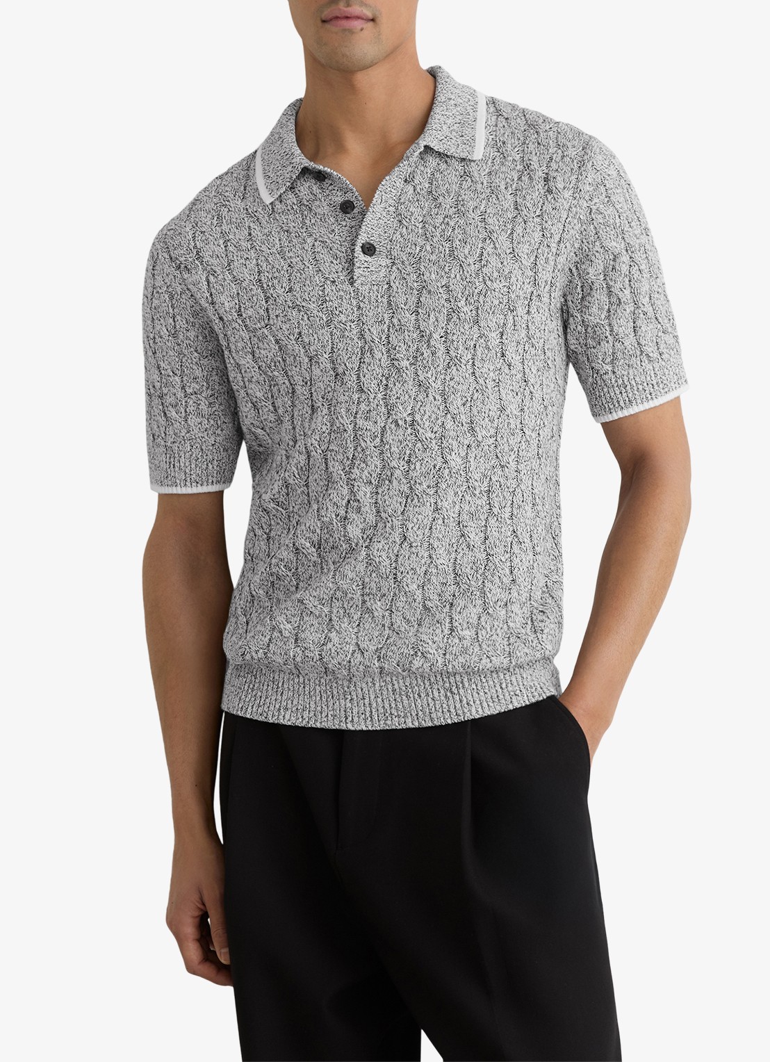 Reiss DENBY Cotton Cable-Knit Polo Shirt - detail 3 grijs