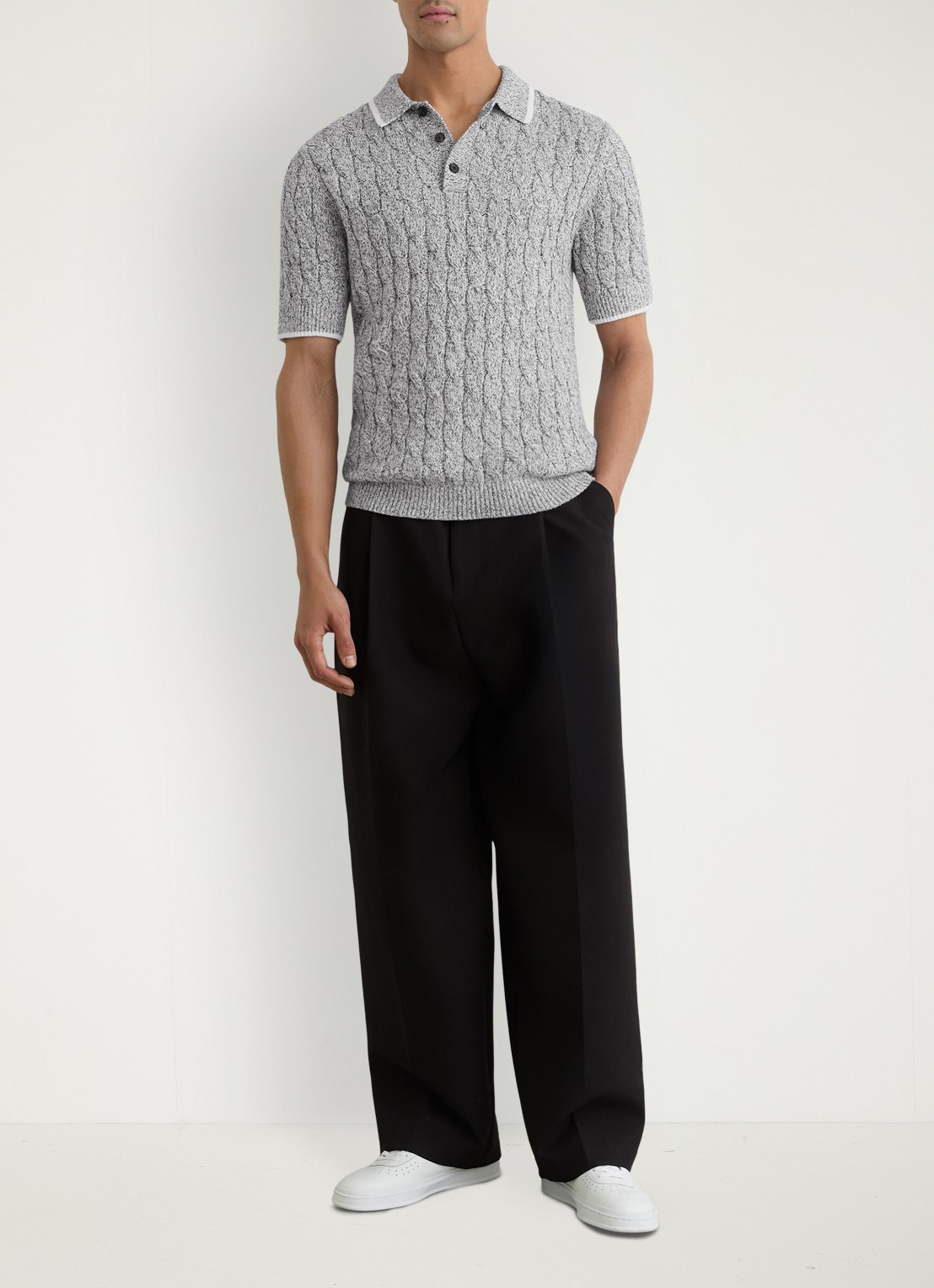 Reiss DENBY Cotton Cable-Knit Polo Shirt - voorkant 2 grijs