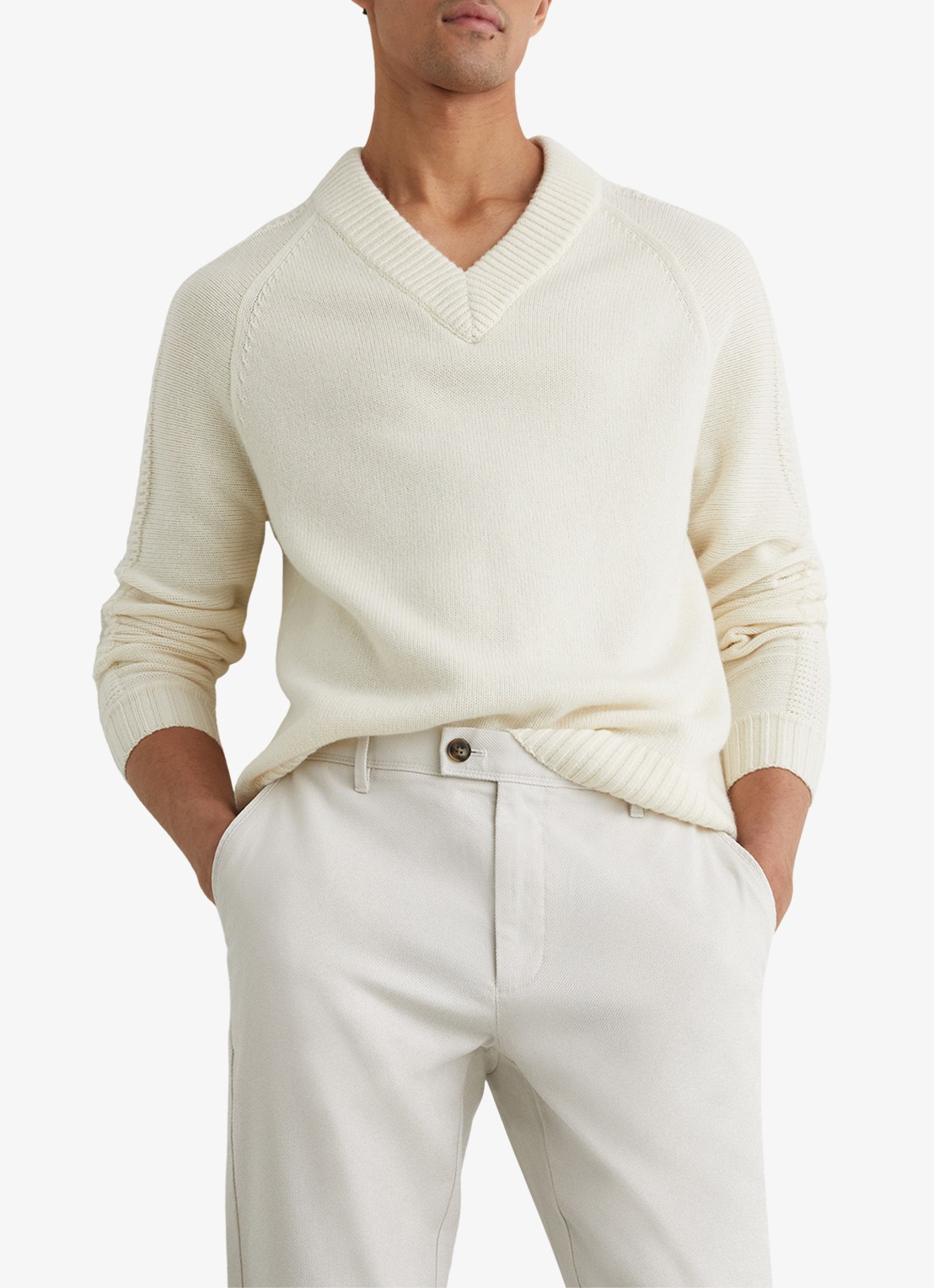 Reiss Dobby straight fit chino van katoen  - detail gebroken wit