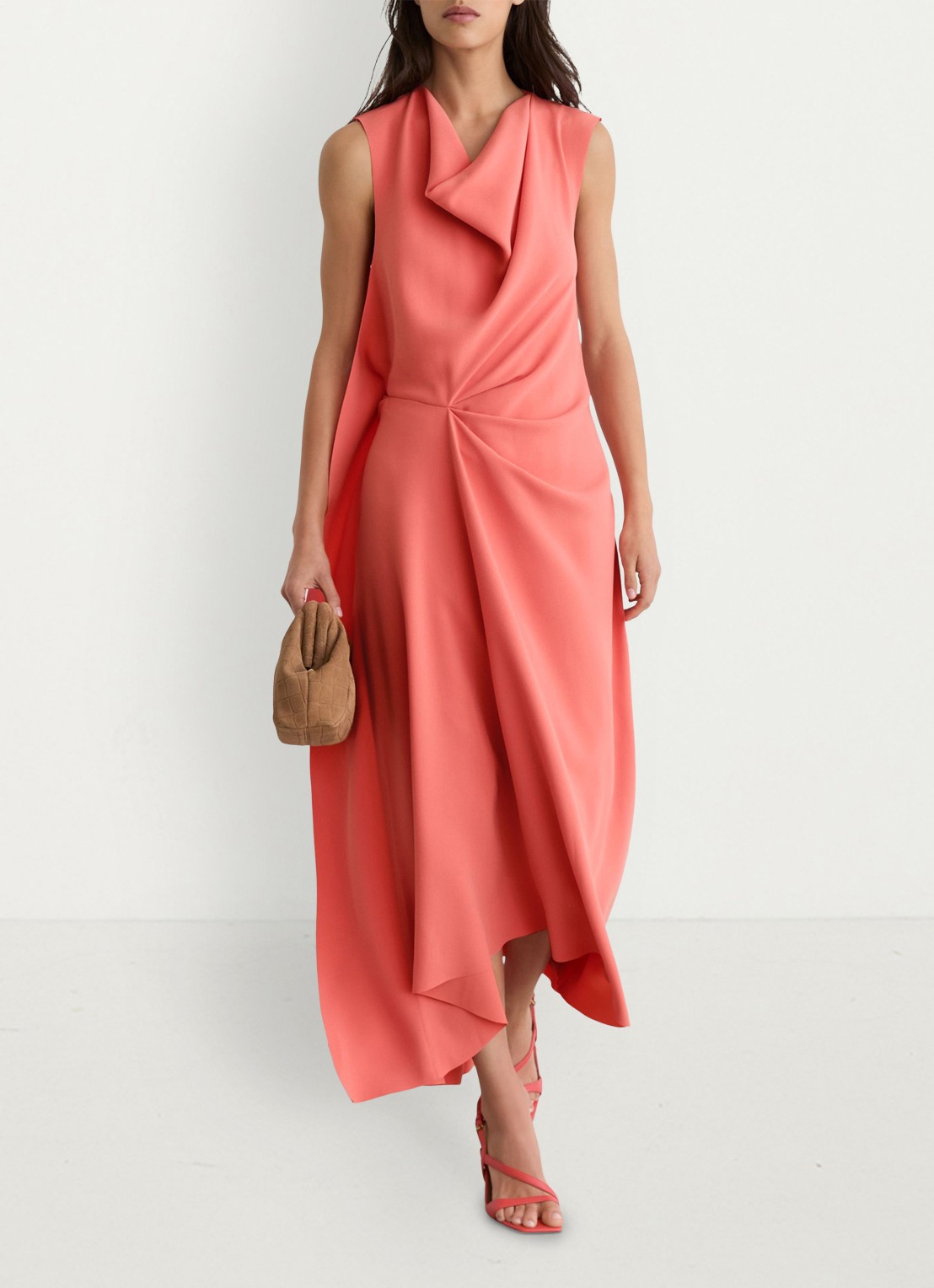 Reiss Dorota midi jurk met watervalhals - detail 3 coral pink / roze