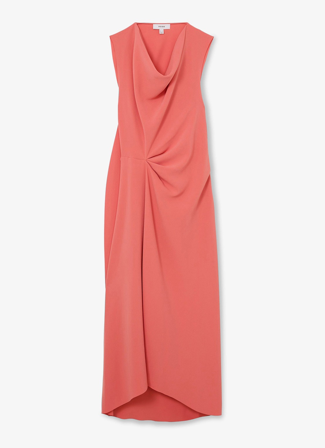 Reiss Dorota midi jurk met watervalhals - voorkant 5 coral pink / roze